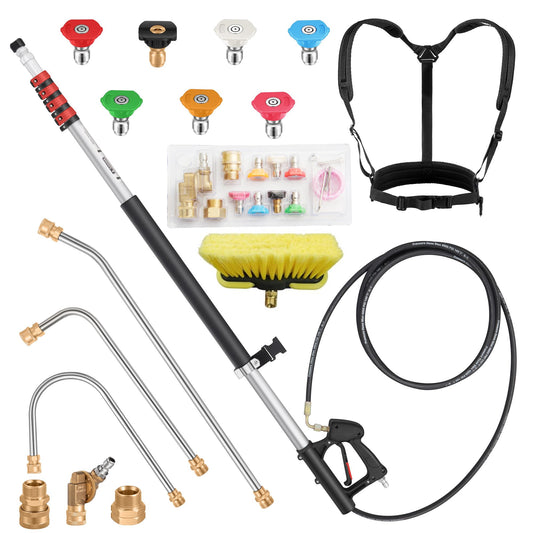 24 FT Telescoping Pressure Washer Wand - High Pressure Washer Wand Included Power Washer Extension Wands, Gutter Cleaner, Brush, Spray Nozzle Tips, Hose Adapters and Support Belt (24FT-HSE)