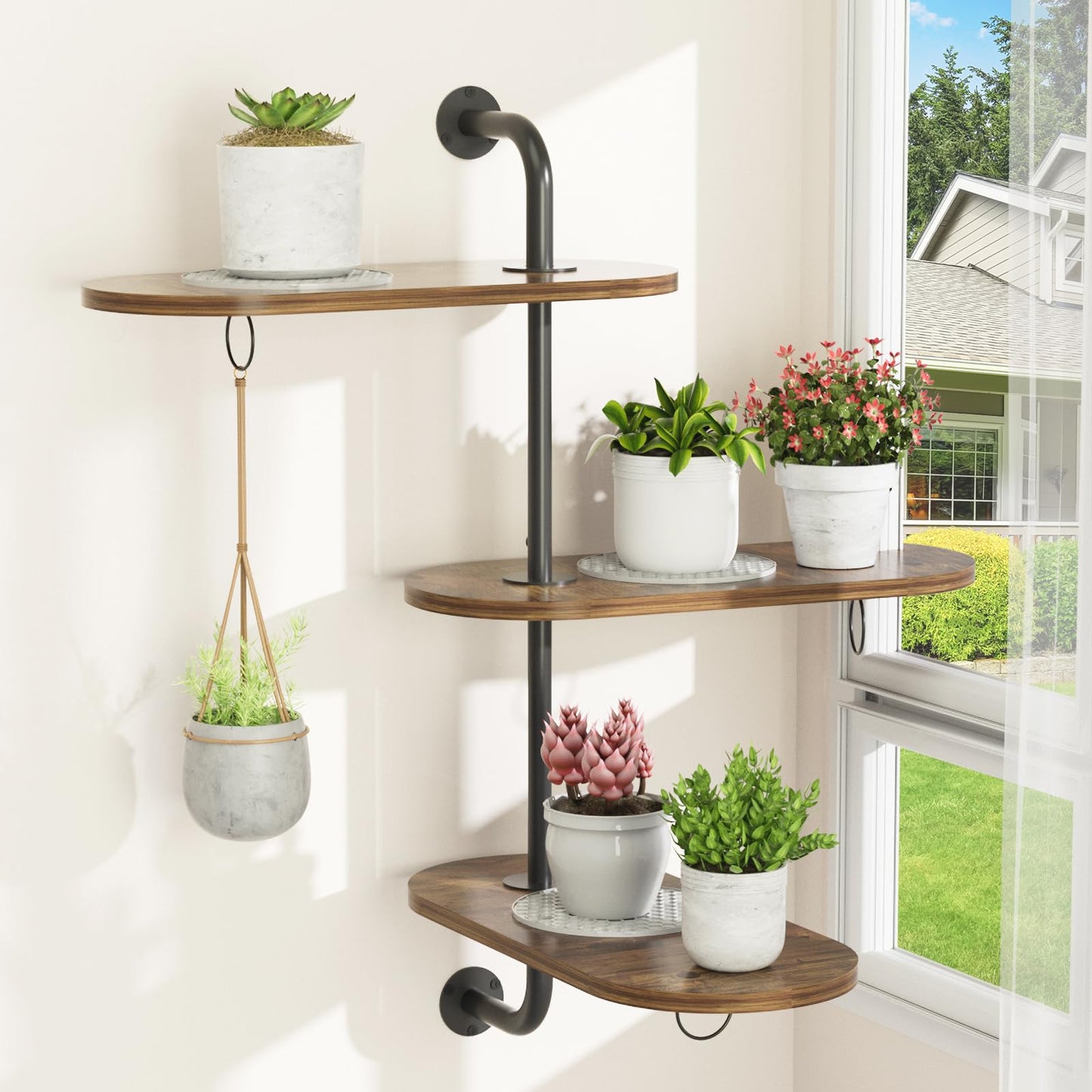 VyGrow Rotating Window Plant Shelves with 3 Anti-slip Mats, 3 Tier Plant Stand Indoor Outdoor, Wooden Window Plant Shelf with 3 Circle Hooks, Hanging Plant Holder for Window, Potted Plants, Flowerpots (Antique Color)