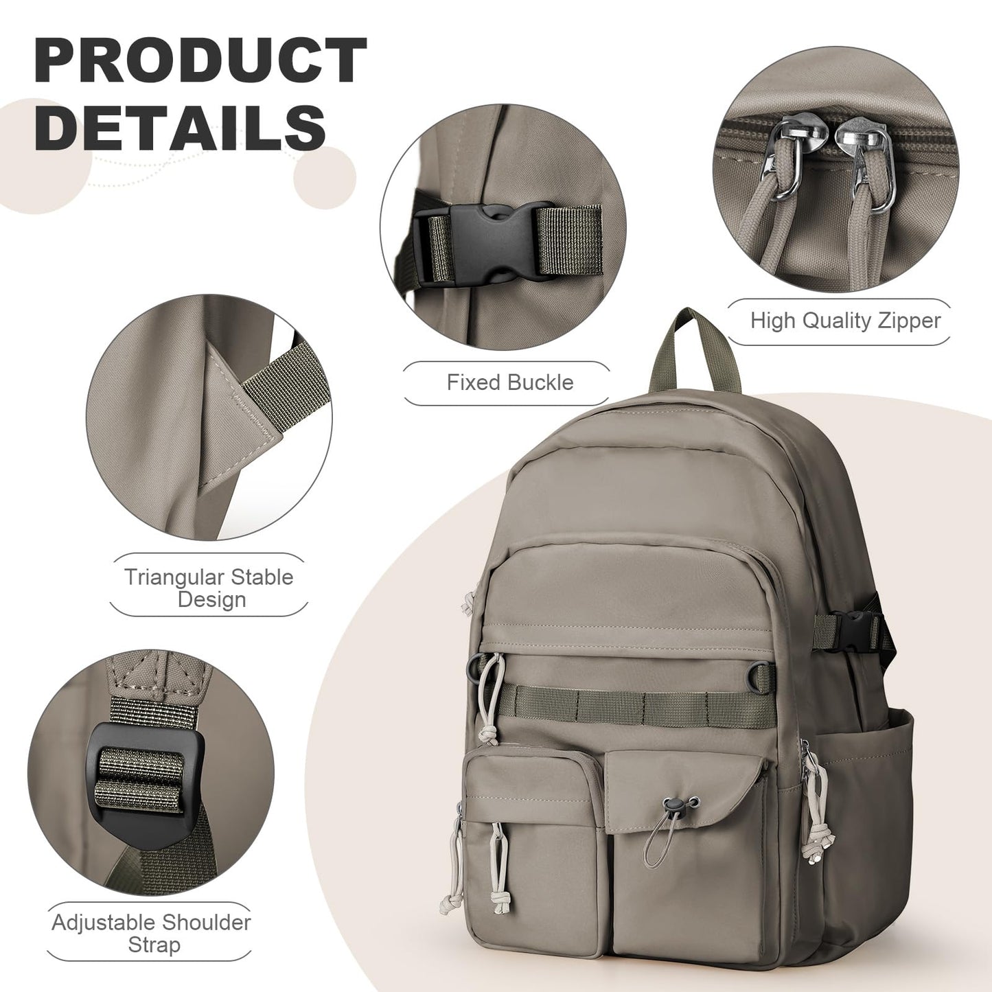 Lightweight Backpack for Women Casual Backpack College High School Bookbag Water Resistant Laptop Bag for Men Travel Daypack for Sports Work C6-Grey Brown