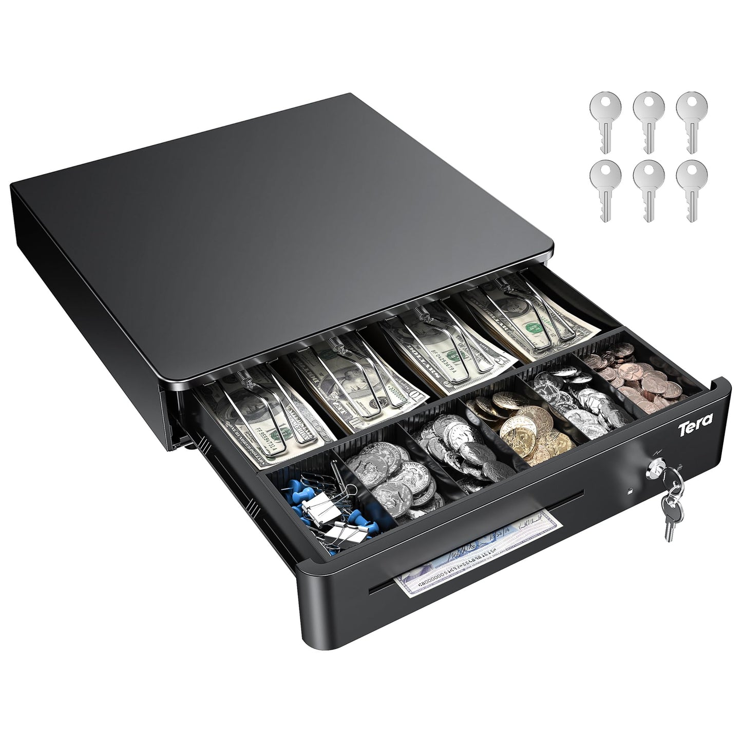 Tera 13" Auto Open Cash Register Drawer Heavy Duty with Fully Removable Insert Tray 5 Keys 4 Bill 6 Coin Media Slot 24V RJ12 Key-Lock (Round Corner) for Point of Sale (POS) System Small Business 330R