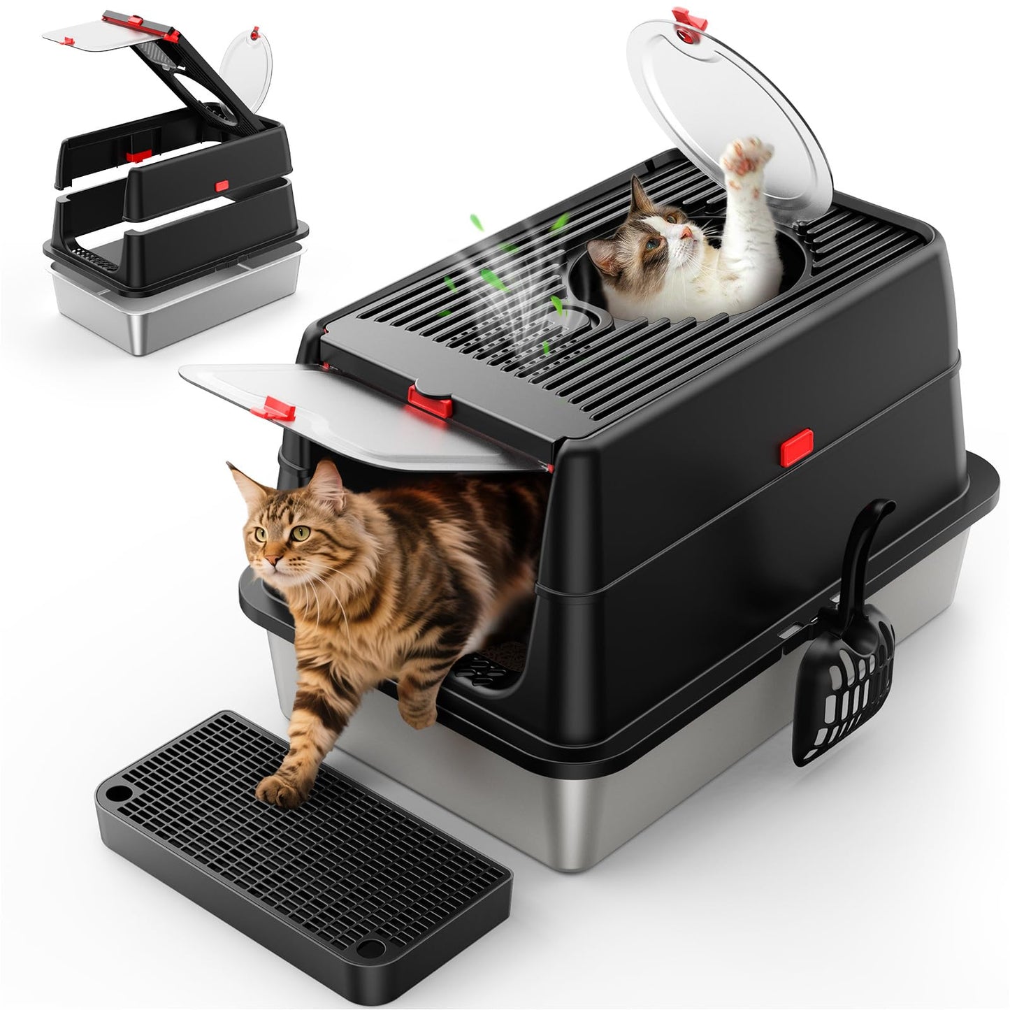 Stainless Steel Litter Box with Lid, SUS304 Metal Cat Litter Boxes, Enclosed Extra Large Kitty LitterBox High Wall, Jumbo Cat Toilet Odor Control, Spacious, DurableNon-Sticky Christmas gifts(XL Black)