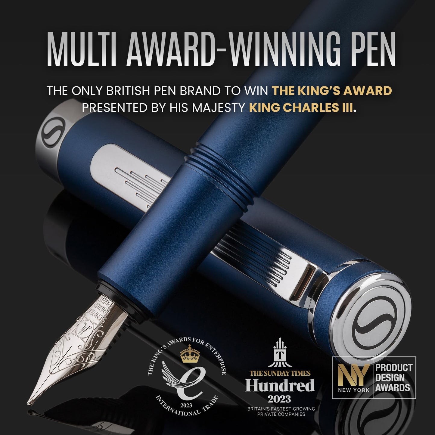 Scriveiner Luxury EDC Fountain Pen (Medium), Stunning Matt Blue Pocket Pen, Chrome Finish, Schmidt German Nib, Converter, Best Writing Pen Gift Set for Men & Women, Nice Fancy Office Designer Pen