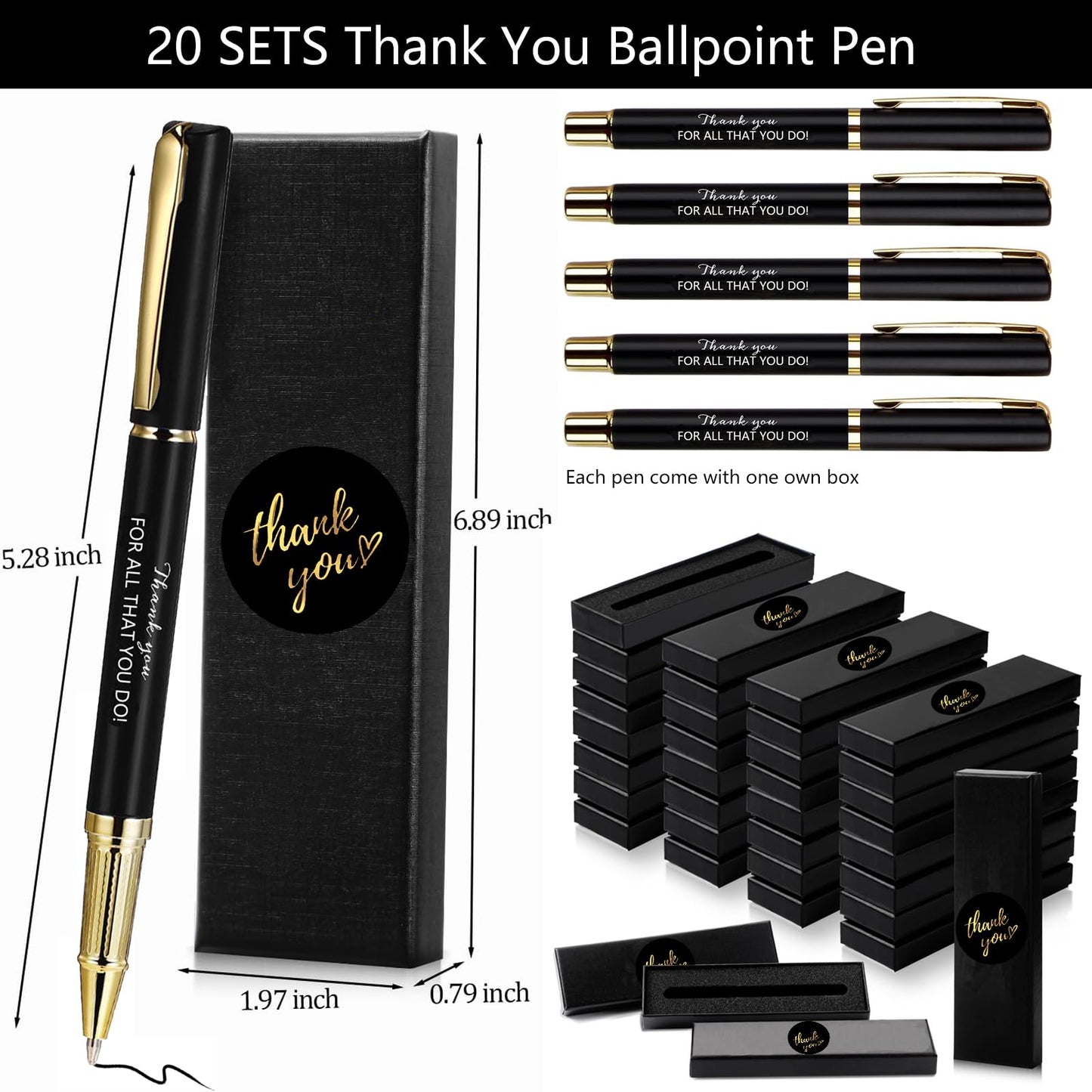 10/20/40 Sets Inspirational Thank You Gifts Employee Appreciation Gifts Bulk Ballpoint Engraved Business Pens with Gift Boxes (THANK YOU FOR ALL THAT YOU DO, 20)