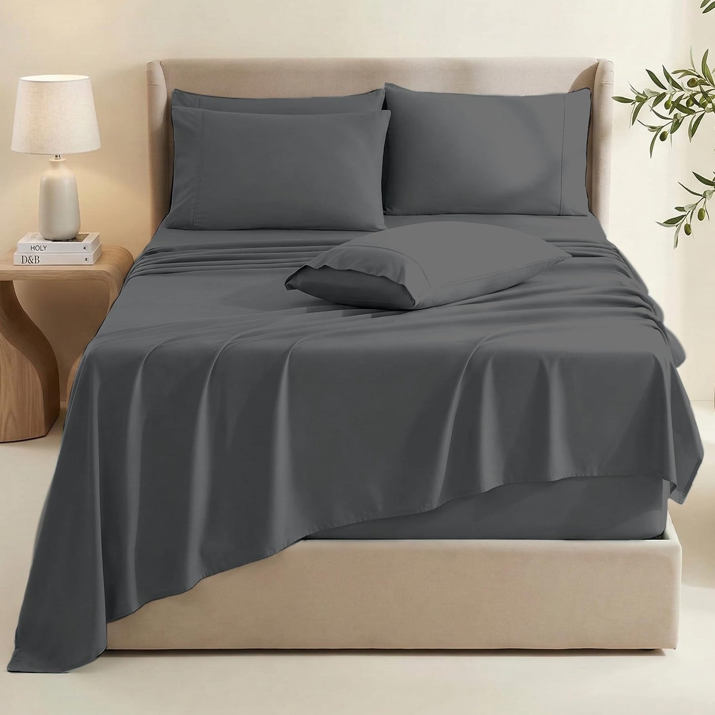 Hearth & Harbor Extra Deep Pocket King Size Sets - Fits Mattress 18-24 Inches Deep - Extra Deep Pocket Sheets - 6 Piece King Size - King - Grey Sheets