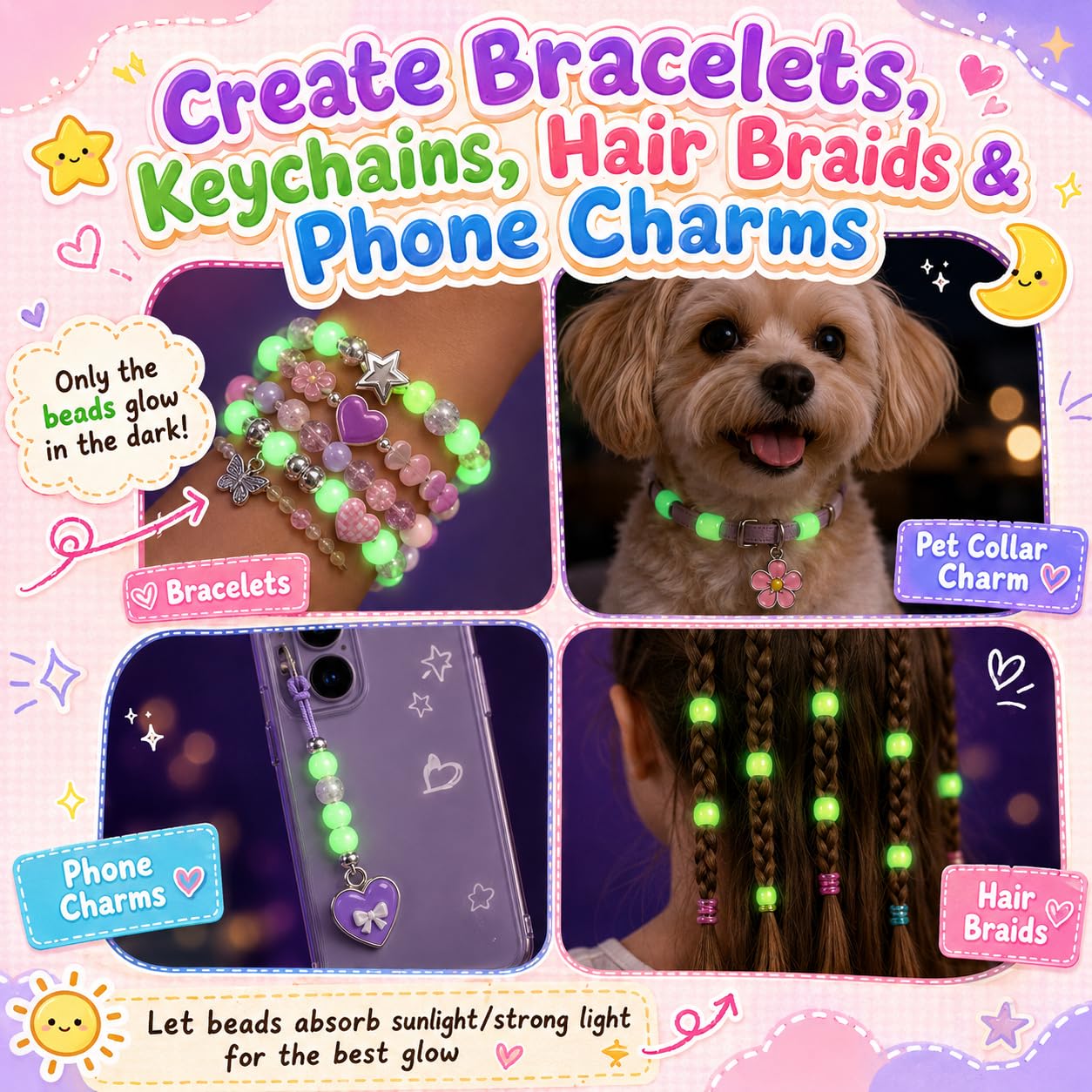SJZWSD 6 Boxes Bracelet Making Kit Pony Beads, 6x9mm Kandi Rave & Hair Beads Set with UV Color Changing, Glow-in-Dark, Chrome & Alphabet Letters for Friendship Jewelry DIY Crafts