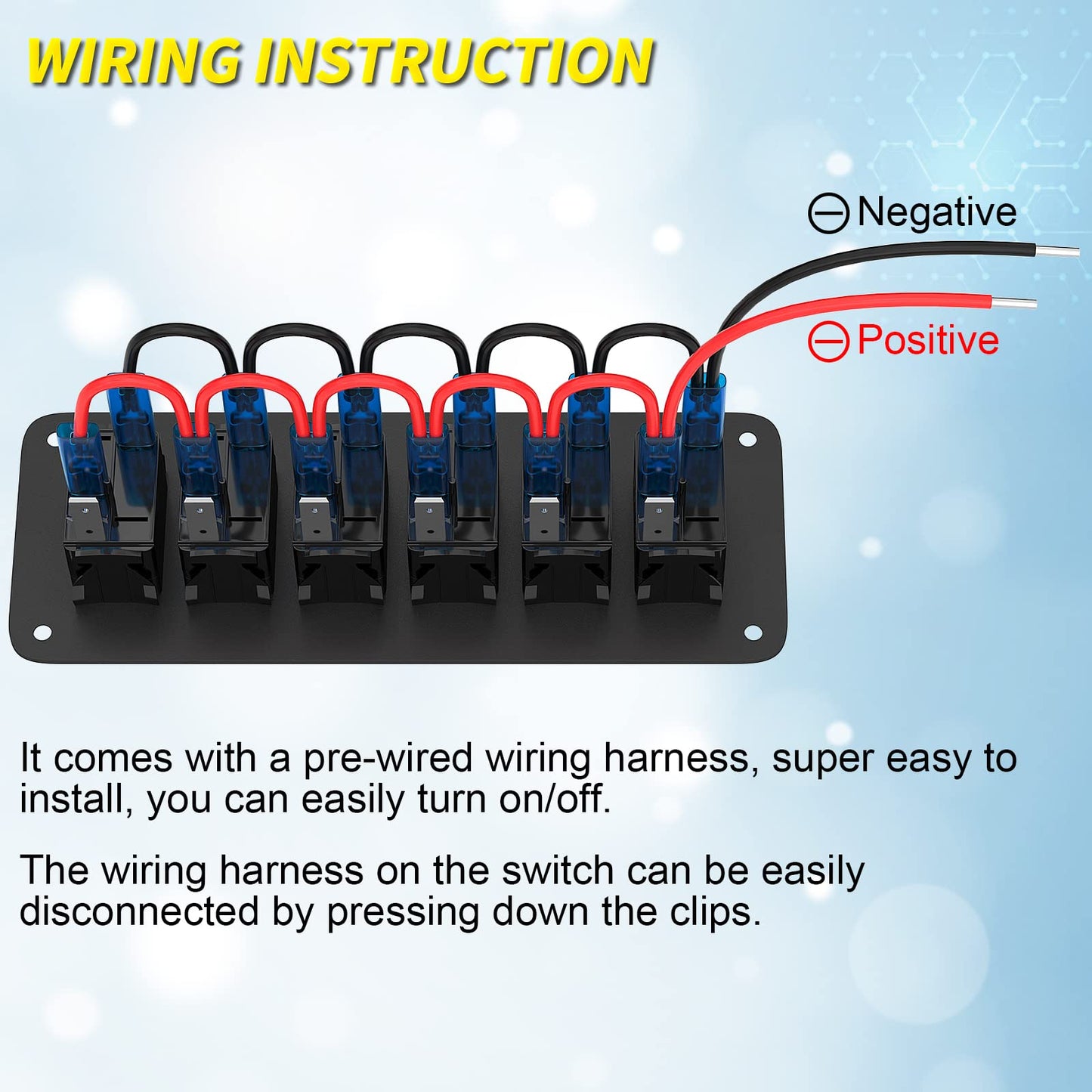 Joinfworld 6 Gang Rocker Switch Panel Waterproof, 12V LED Light Bar Switch Panel for Boat Marine Automotive Car Truck RV UTV, 12 Volt Rocker Toggle Switch 3 Pin ON/Off with Blue LED Pre-Wired