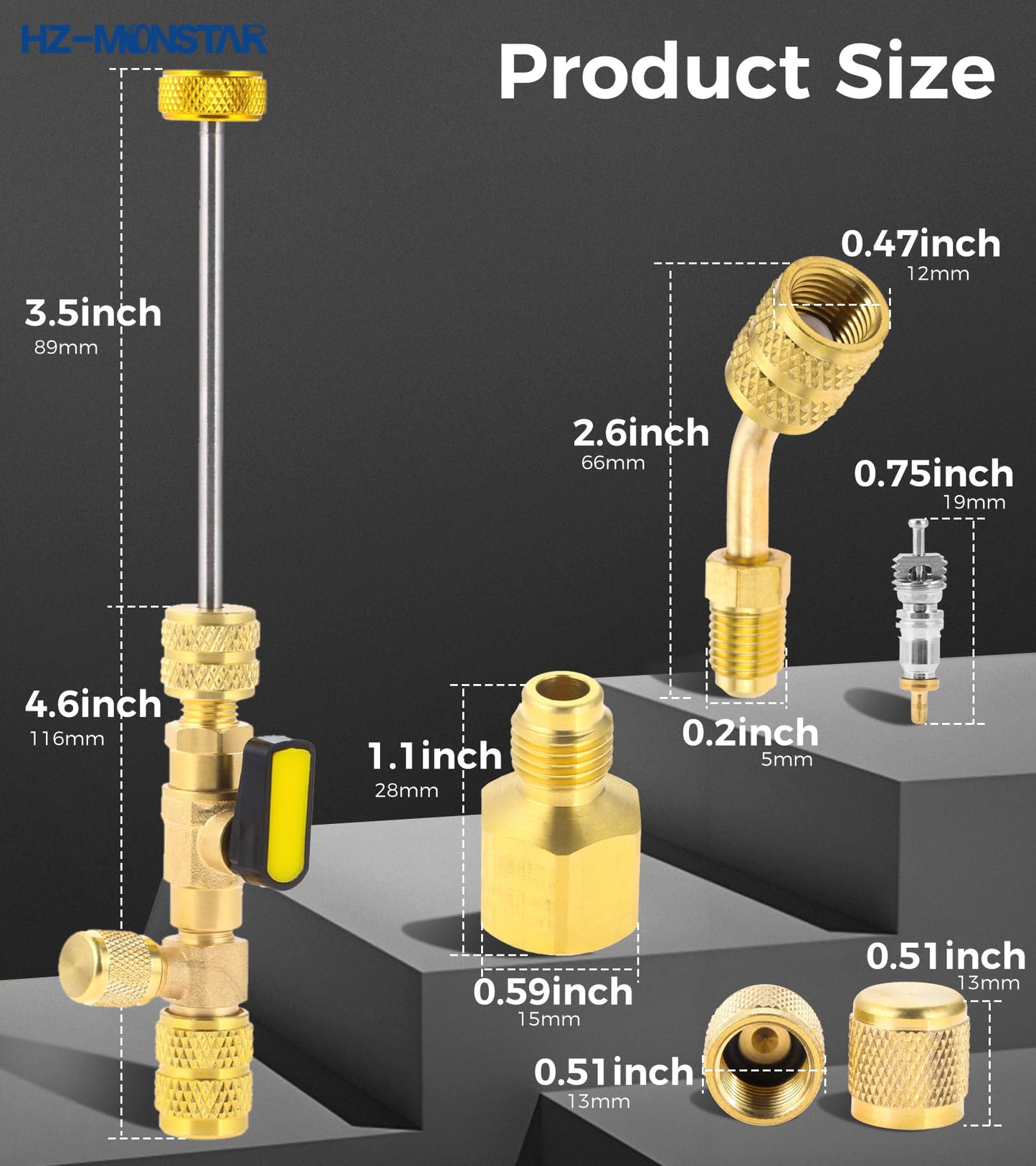 R410A R22 Valve Core Remover Installer Tool kit with Dual Size 1/4" & 5/16" Port, R410A R134A HVAC Angled Shut-Off Ball Valve Adapter 1/4" SAE for A/C R12 R22 R502 Charging Hose AC Refrigerant Tool