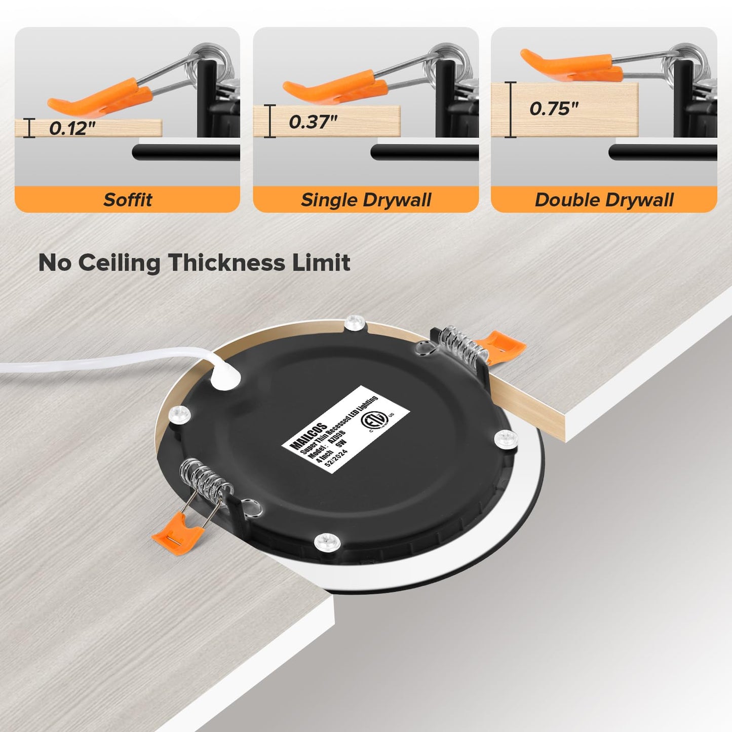 MAILCOS 4 Inch 5CCT Black Ultra-Thin LED Recessed Ceiling Light with Junction Box, 2700K-5000K Selectable, 1050LM High Brightness, 0%-100% Dimmable Canless Wafer Downlight, 12W 120V, ETL（6pack）