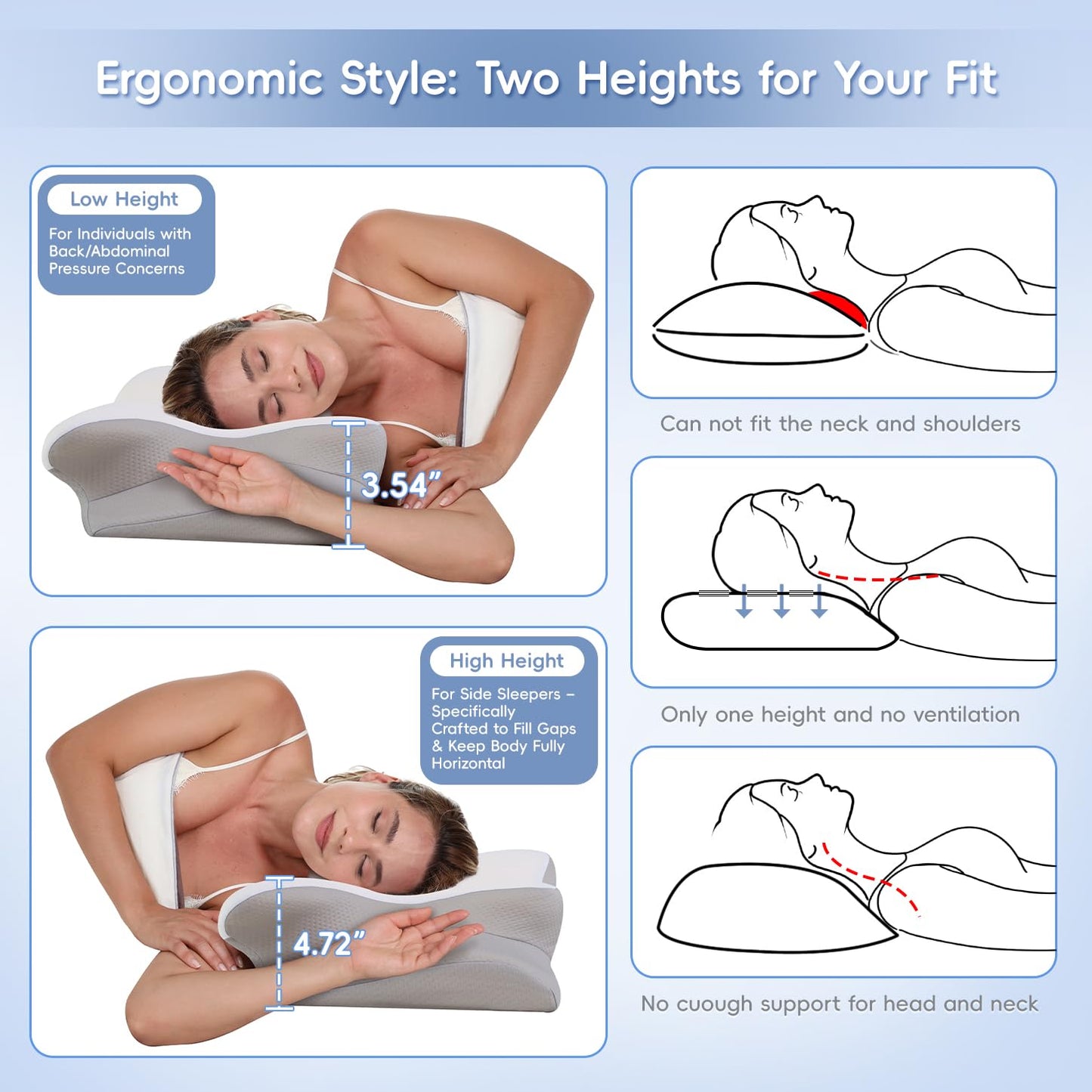 Missleep Cervical Neck Pillow,Memory Foam Pillows for Relieving Neck and Shoulder Pain, Neck Support Pillow for Side Sleepers, 2 Heights Ergonomic Pillow with Breathable Ice Silk Cover White