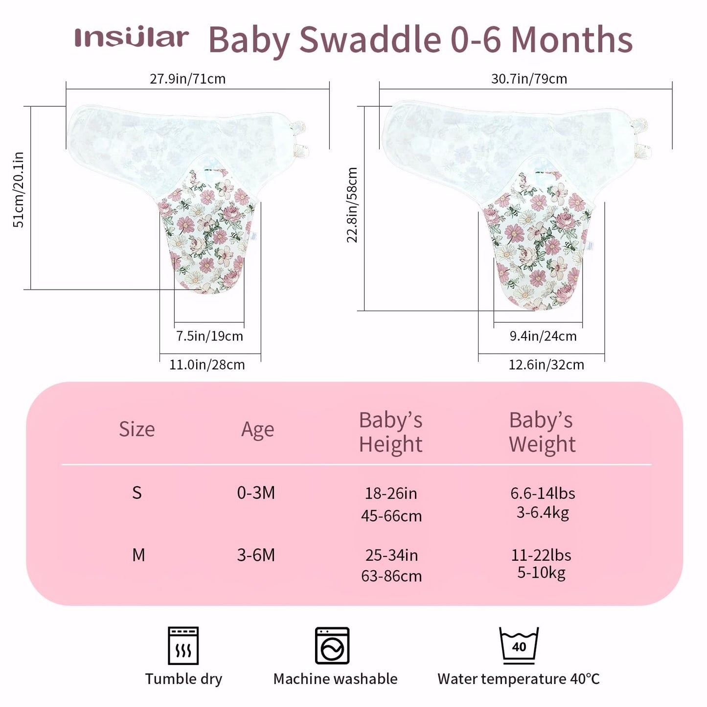 Insular Baby Swaddle Wrap, Swaddle Blanket for Newborn and Infant, Adjustable Swaddle Set for Boy and Girl, Soft Cotton Baby Sleep Sack 3 Pack, Small(0-3 M), Floral