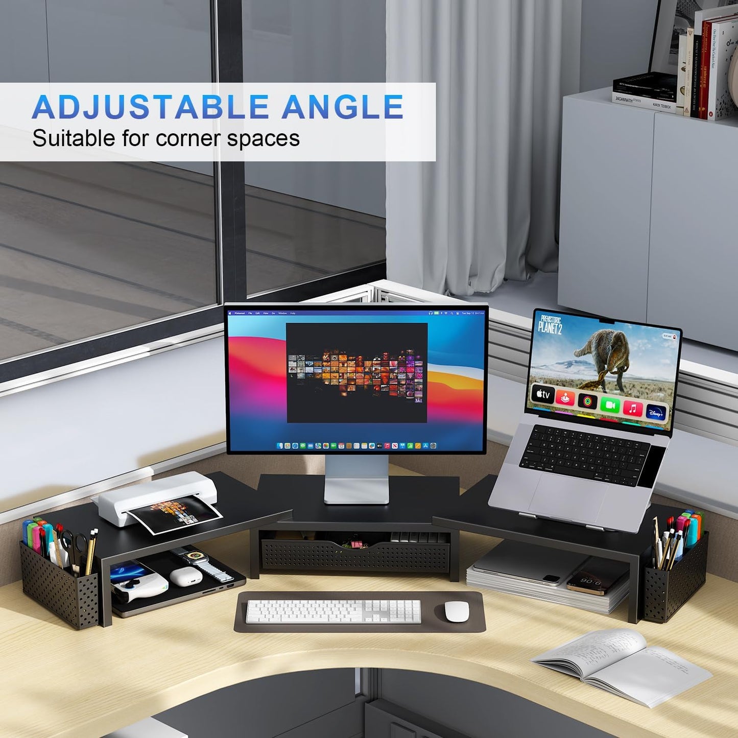 Oillase Dual Monitor Stand Riser, Desk Organizer With Drawer and 2 Pen Holders, Computer Monitor Stand, Shelf for Top of Desk, Black