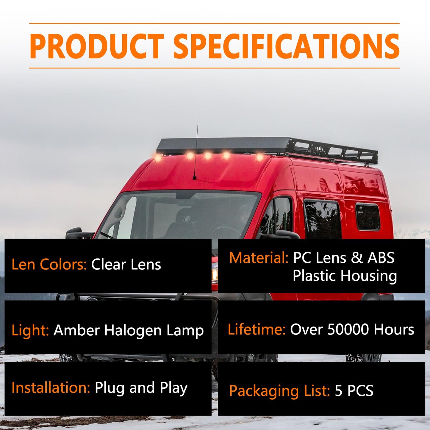 IFYKIM 5PCS Cab Roof Marker Lights Top Roof Clearance Running Lights Compatible with 2014-2026 Dodge Ram ProMaster 1500 2500 3500 Replace# 926-109 68232473AA/AB/AC/AD (Clear Lens Amber Halogen Lamp)