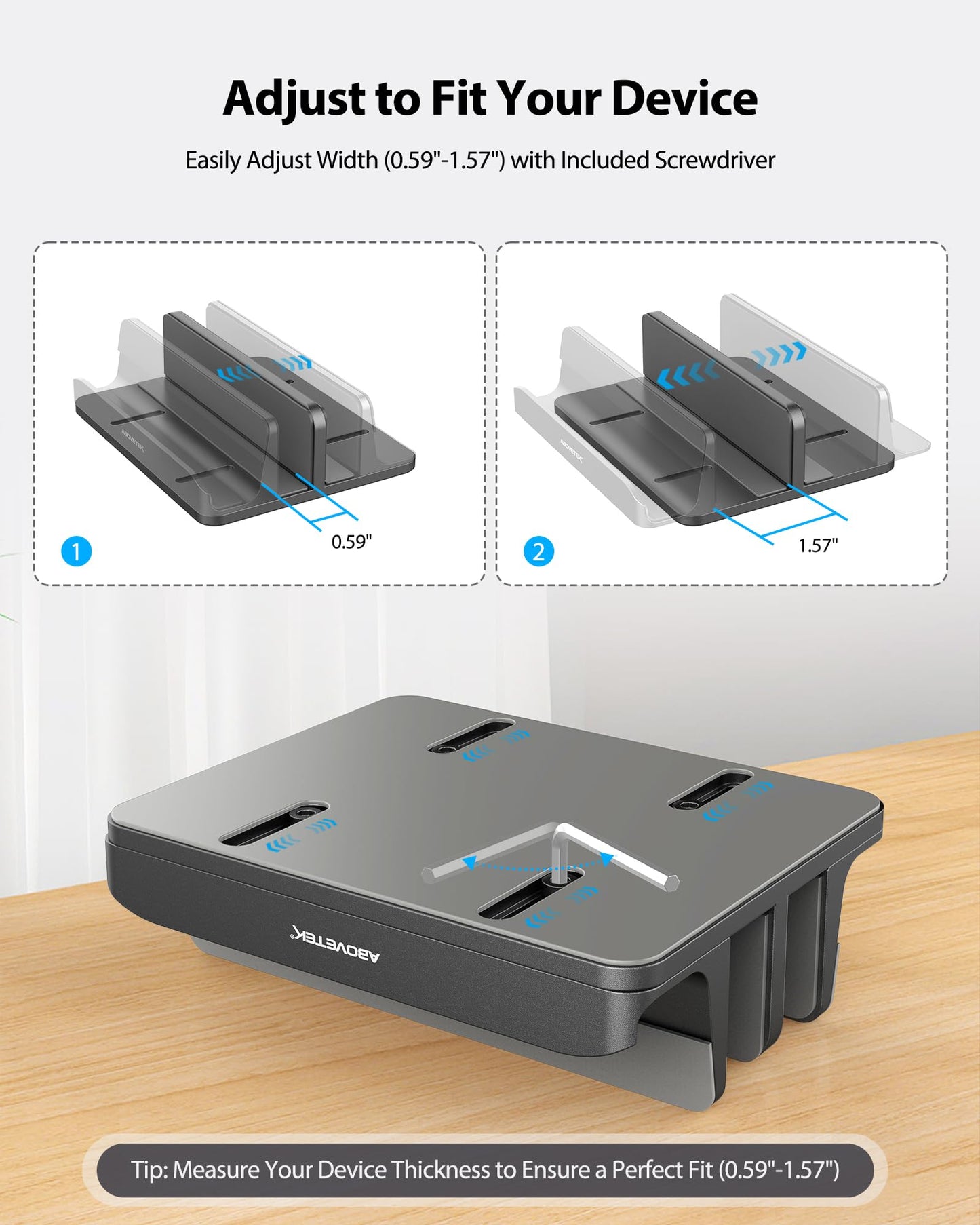 Vertical Laptop Stand - AboveTEK - 3 Slots for Computer, Tablet, Phone - Fits All Laptop Models (up to 17.3") - Heavy Duty Polished Aluminum Desktop Holder - Anti Slide Silicone Grips - Grey