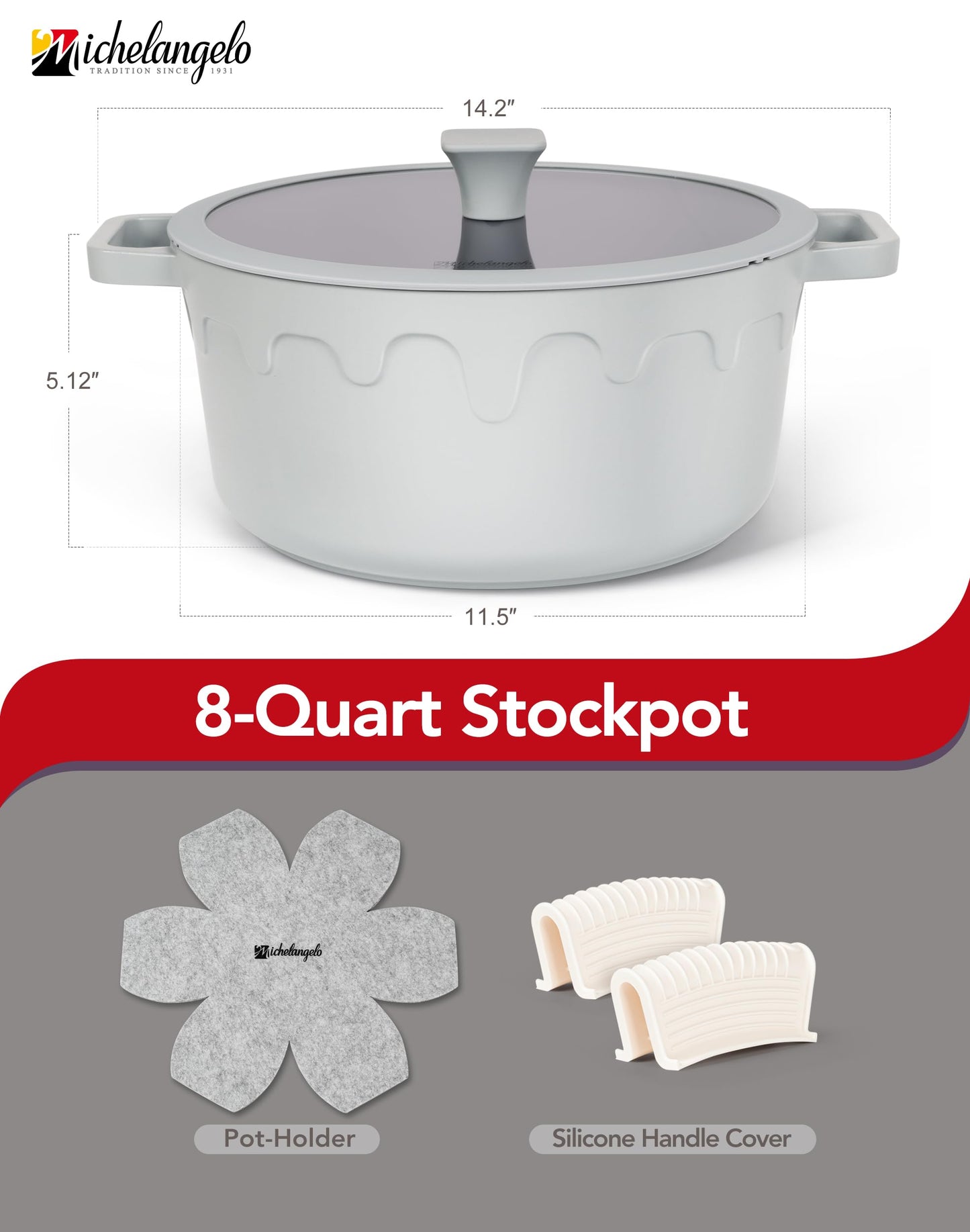 MICHELANGELO Ceramic Stock Pot with Lid - Nonstick Soup Pot for Induction Cooktop, 8-Quart Non Stick Cooking Pots with Silicone Handle Covers & Pot-Holder, Grey