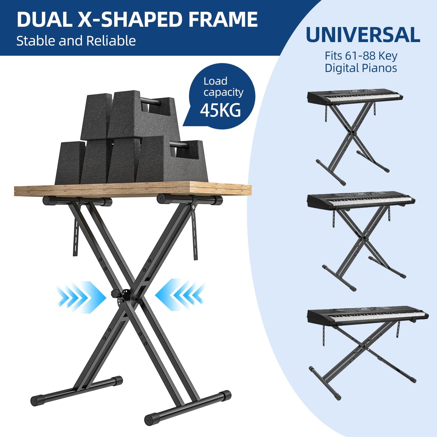 GLEAM Keyboard Stand ELectric Piano Stand - Heavy Duty Double X Style with Locking Straps, Fits 54-88 Key Electric Pianos, DJ mixers, Turntables, Synths and Midi Keyboards. Load Capacity 100LB