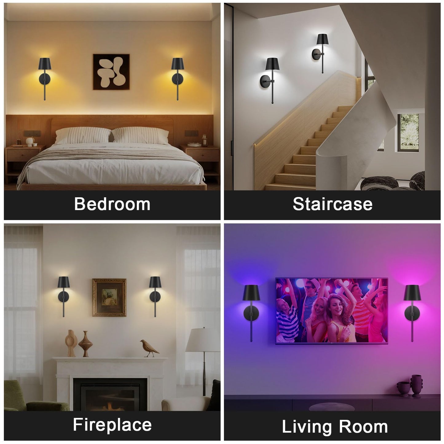 Lightess Battery Operated Wall Lights, 5200mAh Rechargeable Wall Sconces Set of Two with Remote Control, 15 Colors RGB Indoor Dimmable Wireless Wall Lamp for Living Room, Hallway, Bedroom, Black