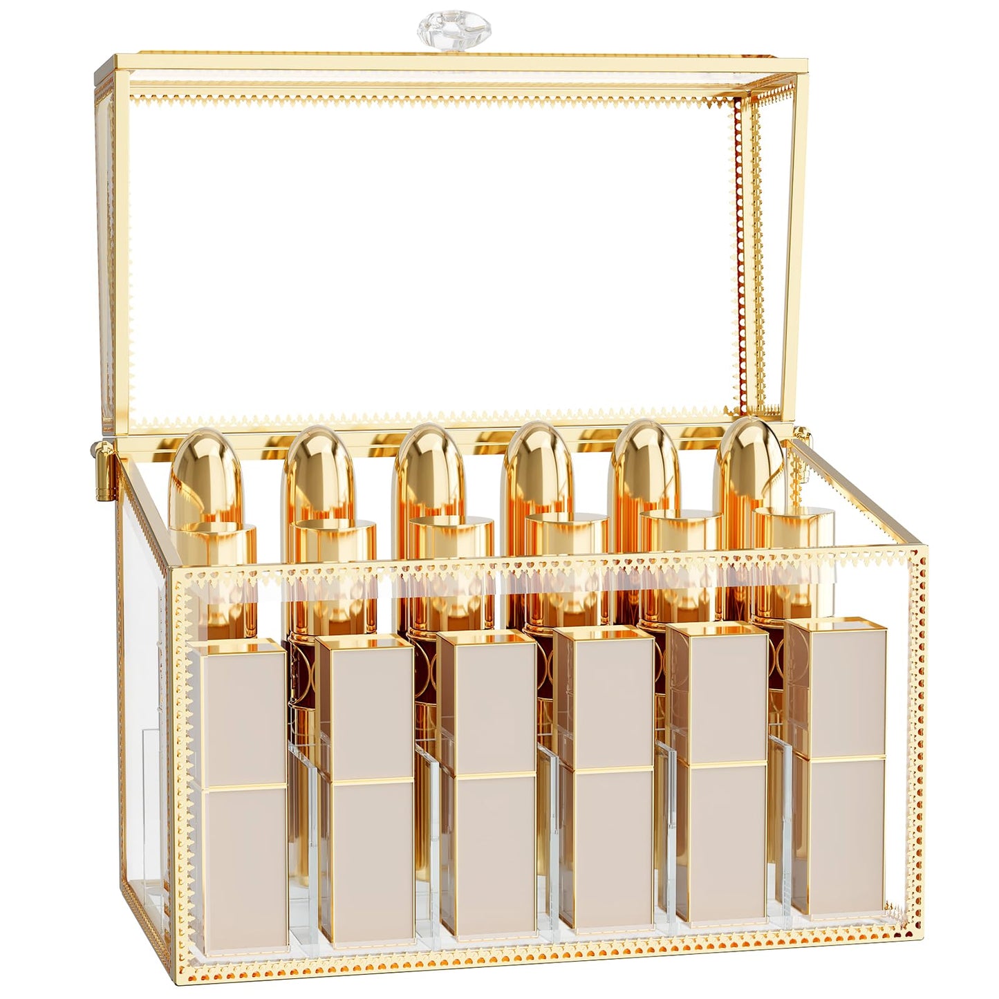 CoralHouse Lipstick Organizer - Luxury Tempered Glass Lipstick Holder & Nail Polish Organizer, 18-Slot Vanity Cosmetic Organizer with Removable Dividers, Gold
