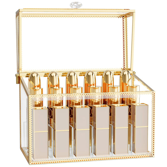 CoralHouse Lipstick Organizer - Luxury Tempered Glass Lipstick Holder & Nail Polish Organizer, 18-Slot Vanity Cosmetic Organizer with Removable Dividers, Gold