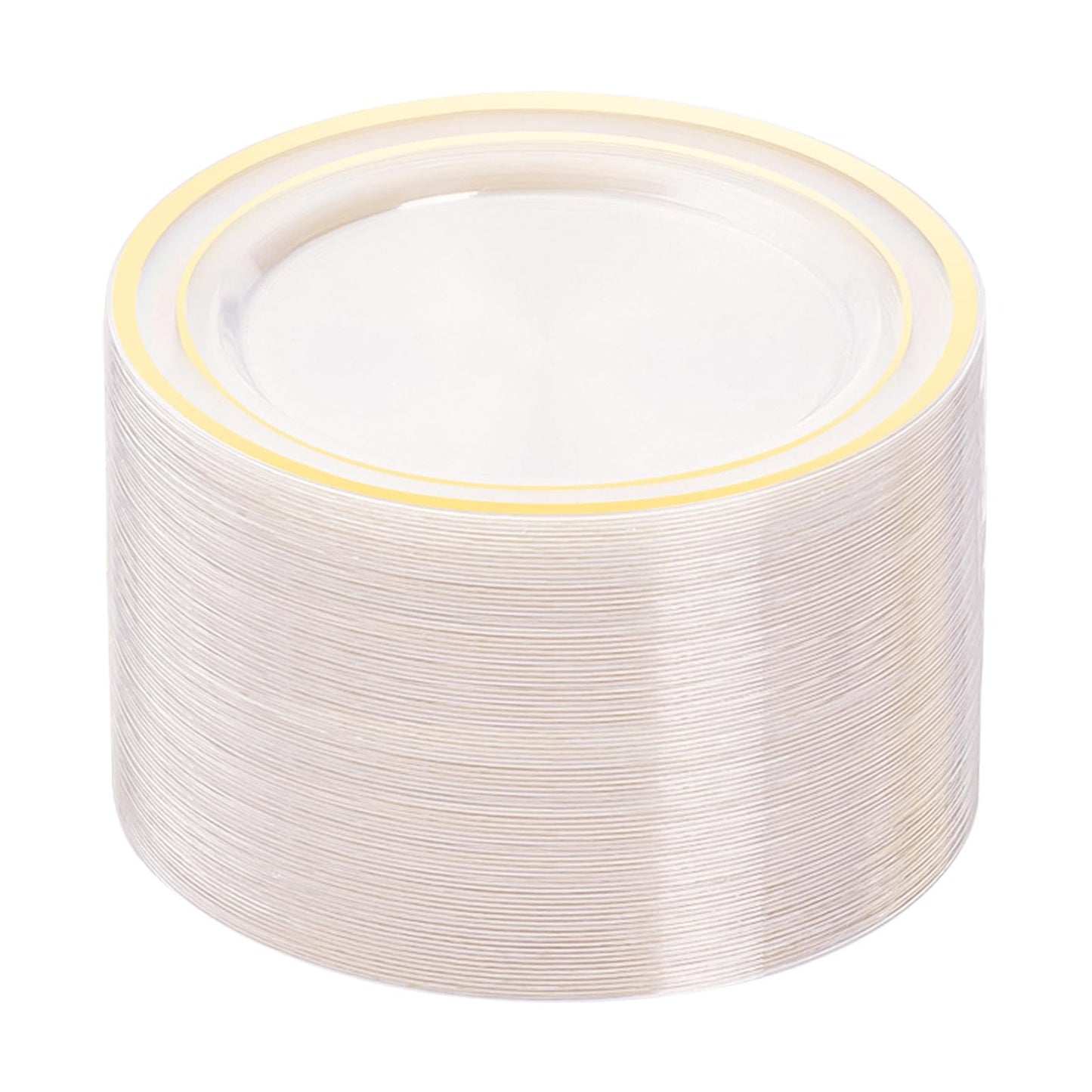BESTVIP 100PCS Clear Plastic Plates, 10.25 Inch Disposable Dinner Plate Party with Gold Rim, Heavy Duty Disposable Plastic Plates for Party, Wedding and Birthday, Christmas, Thanksgiving