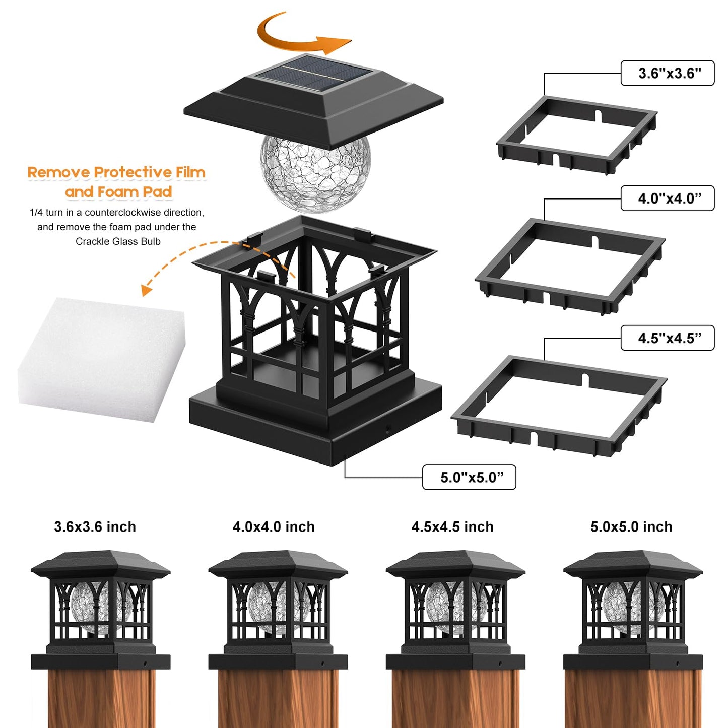 AEYANZZ Fence Post Solar Lights, Crackle Glass Solar Post Cap Lights, 20 Lumens, Warm White & RGB Automatic Cycling 2 Modes for 3.6x3.6 4x4 4.5x4.5 5x5 Vinyl Wooden Posts Decoration, Black (2 Pack)
