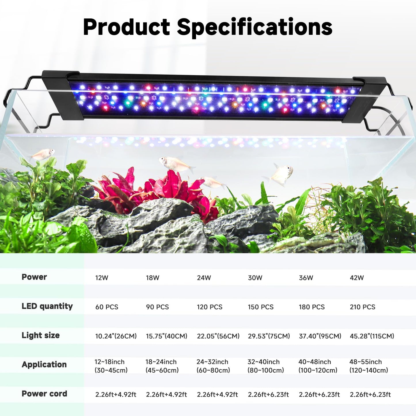 AQQA LED Aquarium Light, 24/7 Mode IP68 Waterproof Extendable Bracket Fish Tank Light, DIY Mode Full Spectrum Aquarium Plant Lights, Adjustable Timer/Brightness Memory Function for 48-55 in Fish Tank