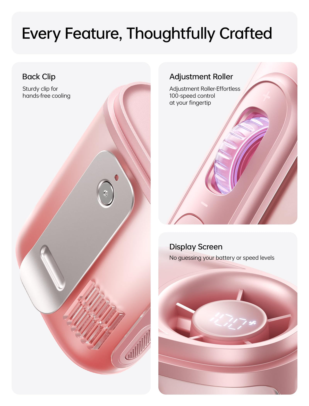 JISULIFE Portable Neck Fan, 100 Speed 40000RPM Cooling, Mini Personal Wearable Waist Fan, 16H 4500mAh Battery with LED Display, Outdoor, Travel, Jobsite Gifts for Women Men (Pink)