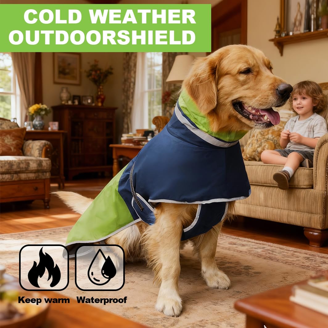 Waterproof Dog Winter Coat, Reflective Turtleneck Design, Fleece Jacket with Snow Protection for Large Dogs, Cold Weather Pet Apparel (Green, 5XL)