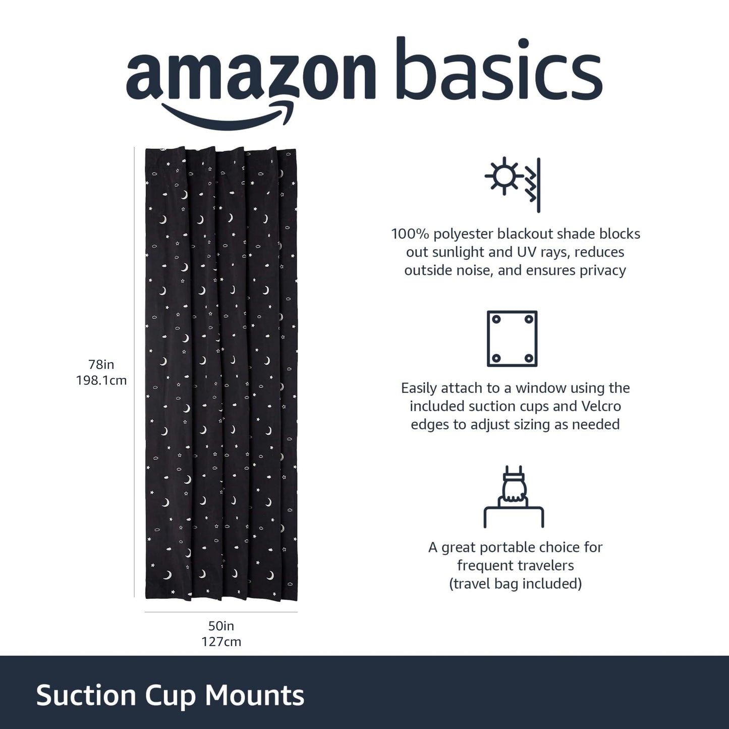 Amazon Basics Portable Window Blackout Shades with Suction Cups, Moon and Stars Design, 127cm W x 198.12cm LInch, 1 Pack