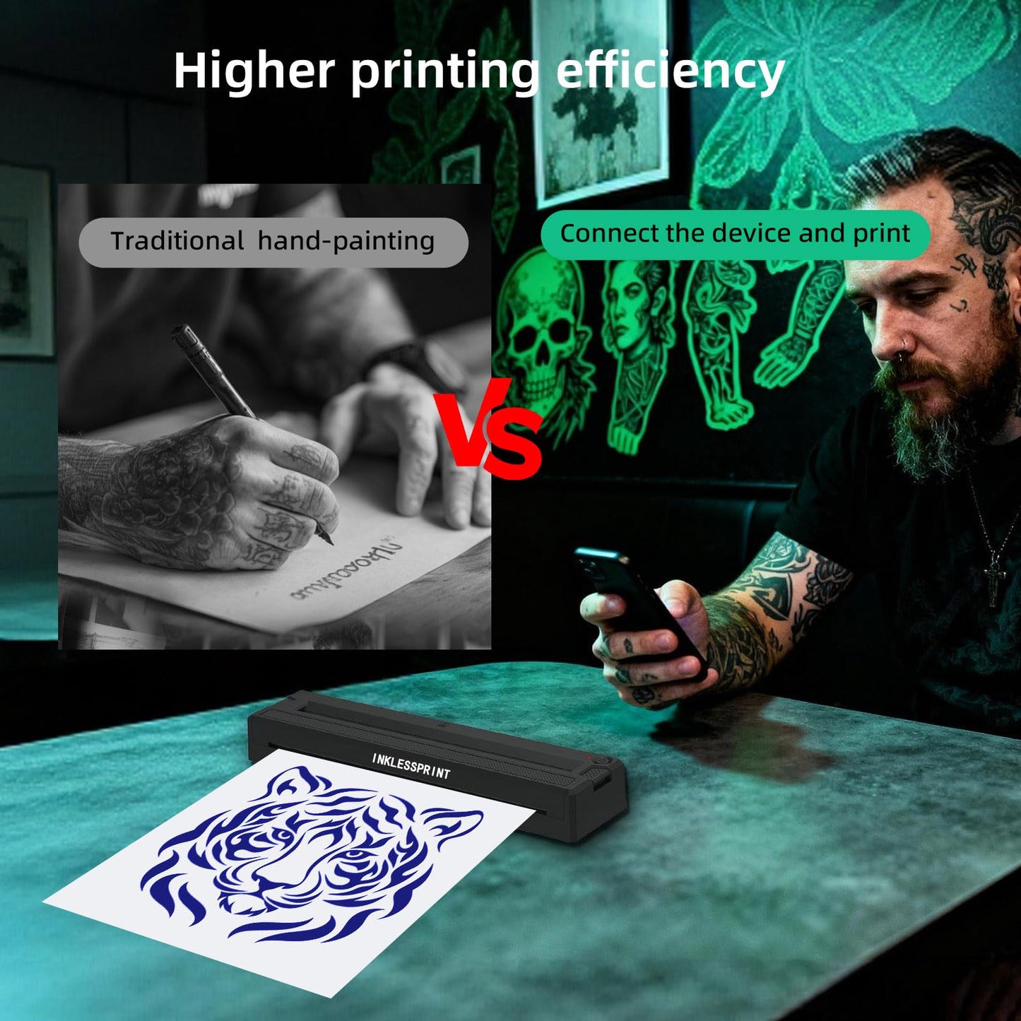 INKLESSPRINT Thermal Tattoo Stencil Printer Machine, Portable Wireless Tattoo Transfer Printer for Tattoo Artists & Enthusiasts, Support Mobile Phone & PC, with 10 Thermal Papers & 3 Transfer Papers