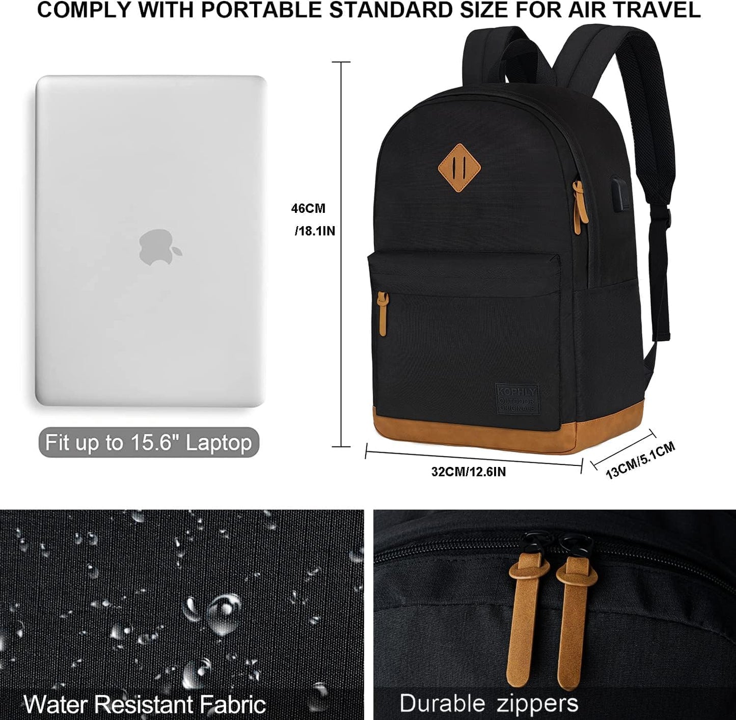 KOPHLY Large Travel Laptop Backpack with USB Charging Port for Men and Women, Work Backpack, Classic Backpack for College, Travel(18Inches/Black)