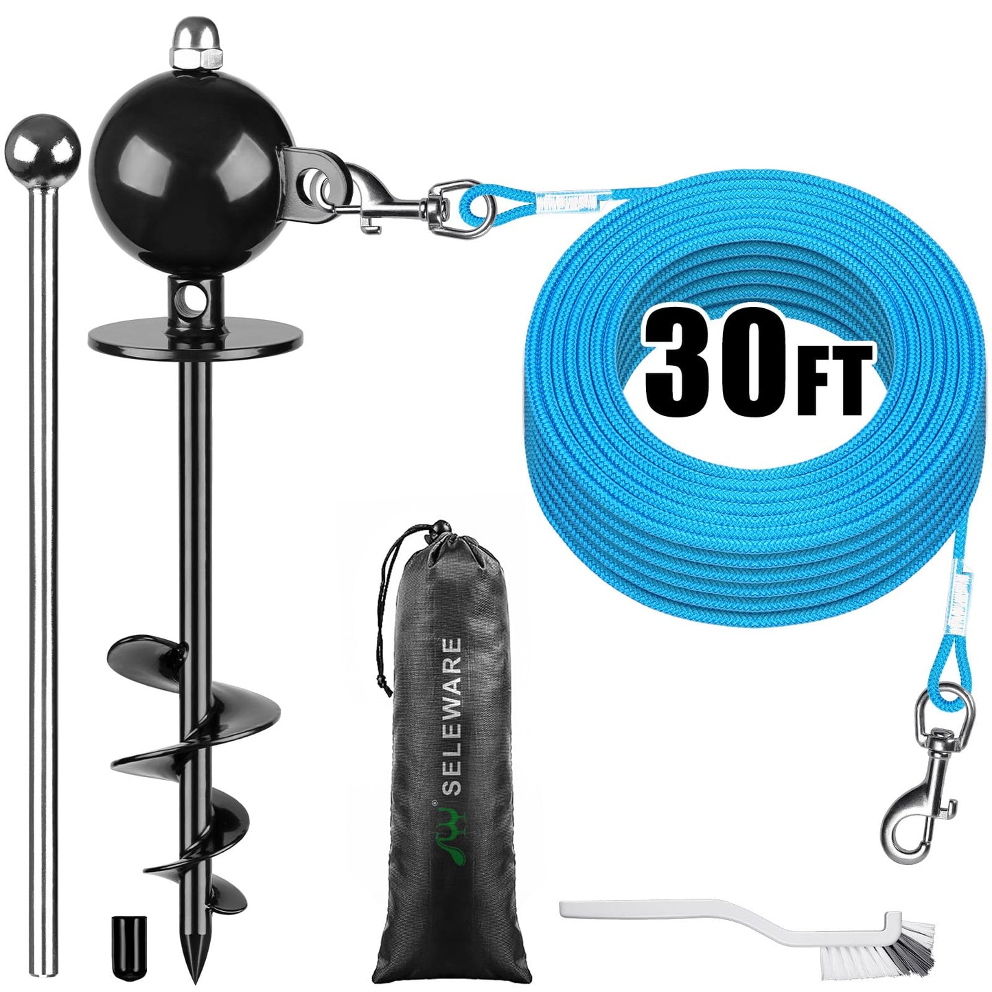 SELEWARE Anti-Rust Tie Out Stake Outdoor Anchor for Large Dogs up to 220 lbs With 30 ft Long Leash