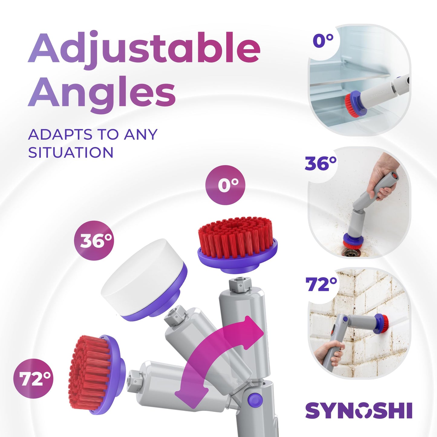 Synoshi PRO Electric Spin Scrubber, Bathroom & Shower Cleaner, Electric Cleaning Brush, Brosse Nettoyage Electrique. Cordless, Waterproof Cleaning Brush, Adjustable Angles, 2 Speed, 180Min Work Time