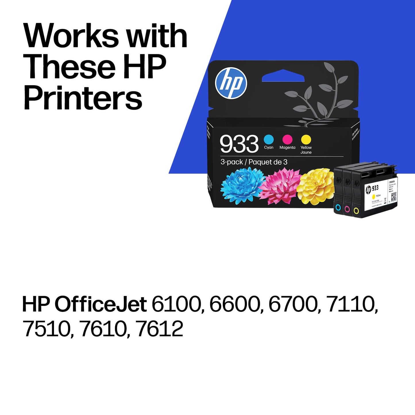 HP 933 | 3 Ink Cartridges | Cyan, Magenta, Yellow | Works with HP OfficeJet 6100, 6600, 6700, 7110, 7510, 7600 Series | CN058AN, CN059AN,CN060AN