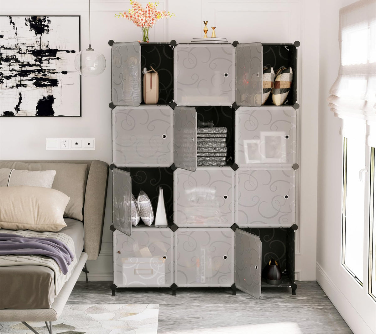 AWTATOS 12 Cube Storage Organizer with Doors, DIY Plastic Closet Shelf, Modular Bookshelf, Stackable Shelving Rack for Bedroom, Living Room, Black