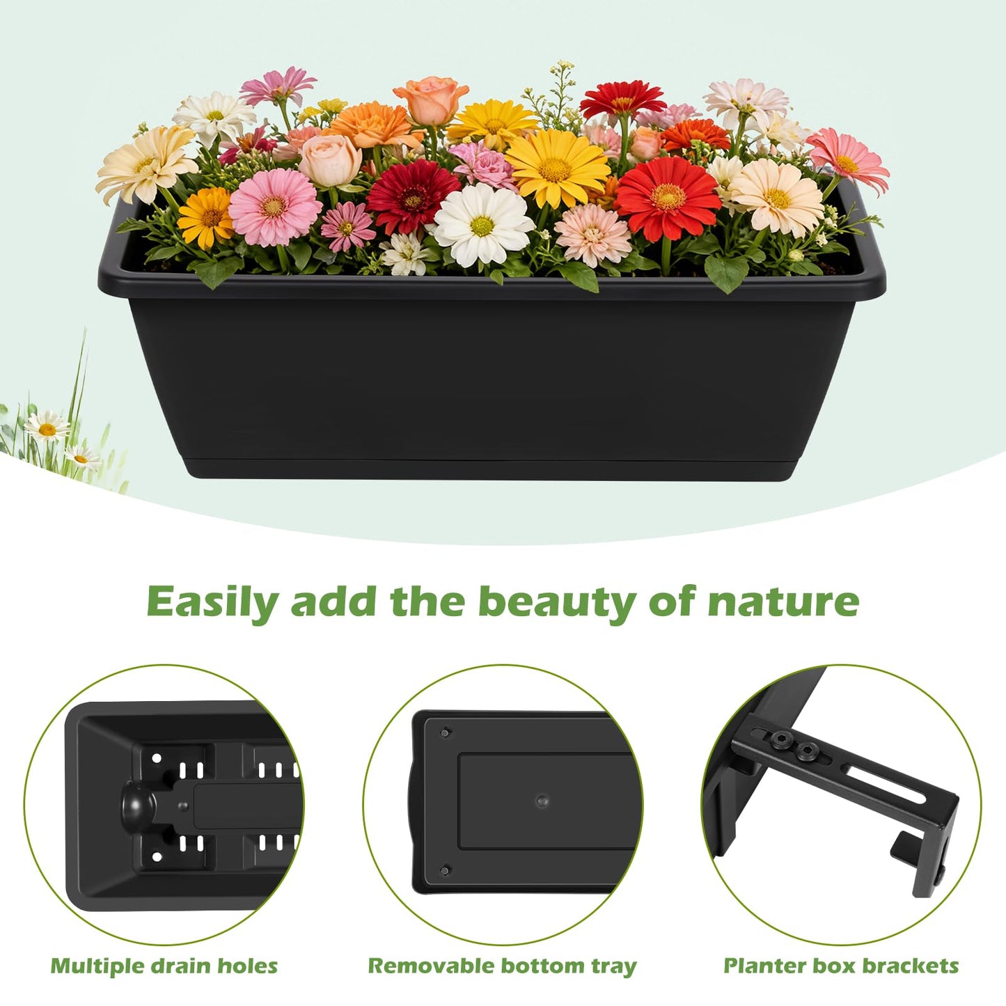 Railing Planter Boxes 2 Pack Window Boxes Planters with 2-Tier Adjustable Brackets, 16.9’’ Black Deck Railing Planter Boxes Vertical Balcony Hanging Flower Pots for Fence Rail Porch Garden Decor