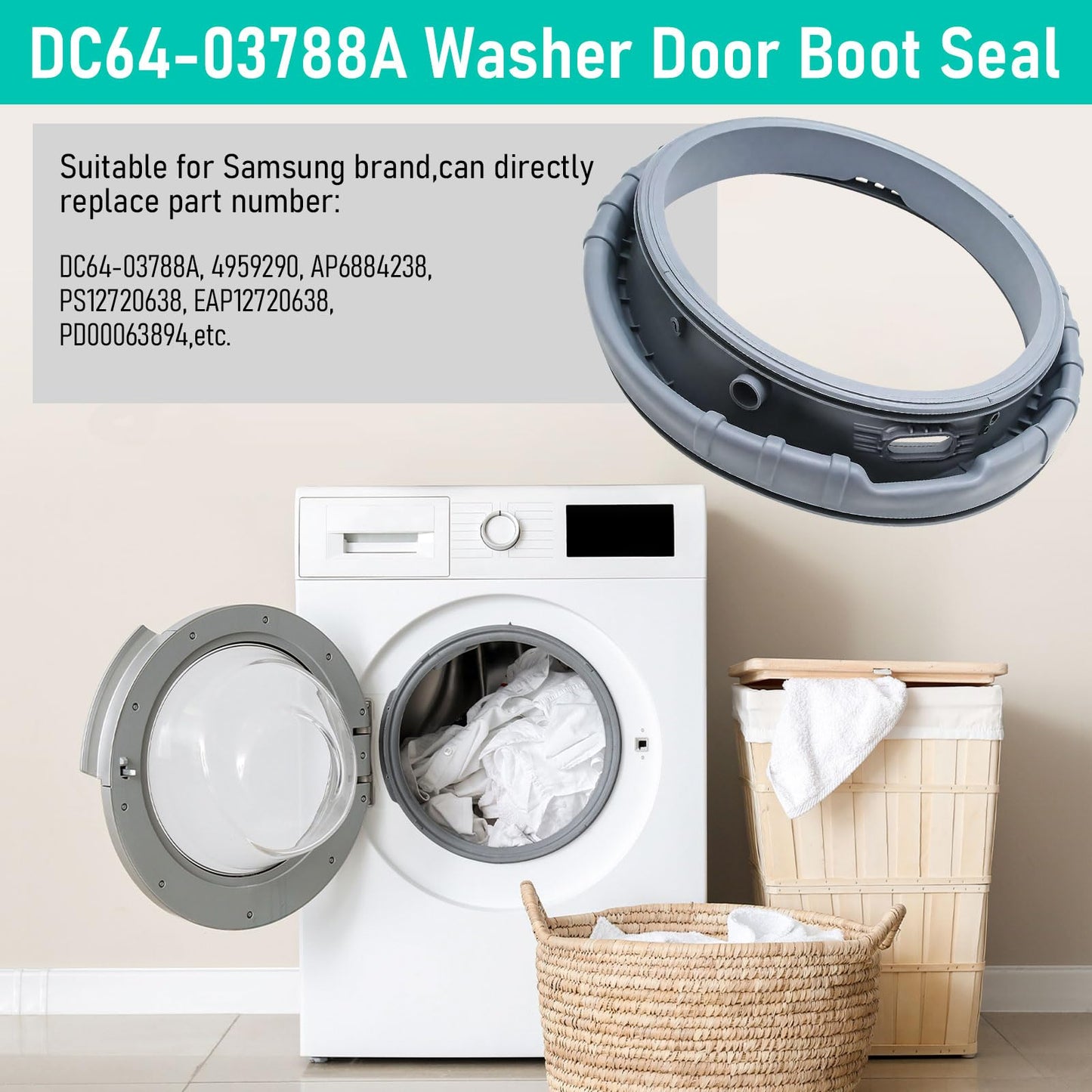 DC64-03788A Washer Door Boot Seal Compatible with Samsung Front Loader Door Seal Door Boot Gasket Replaces 4959290 AP6884238 PS12720638 EAP12720638 Door Diaphragm Gasket