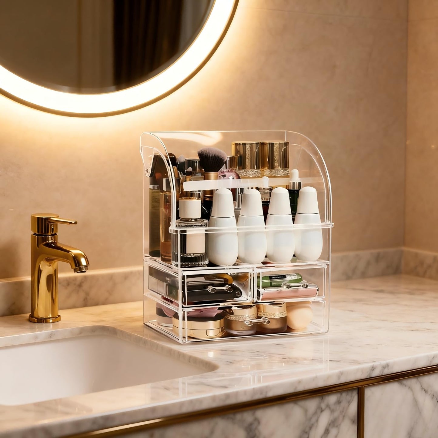 Cosmetic Organizer,Large Acrylic Makeup Storage Organizer Transparent Display Case with Drawers and Closable Lid, Dustproof Waterproof Box for Bathroom Counter Dresser, Lipsticks, Brushes (Clear-L)