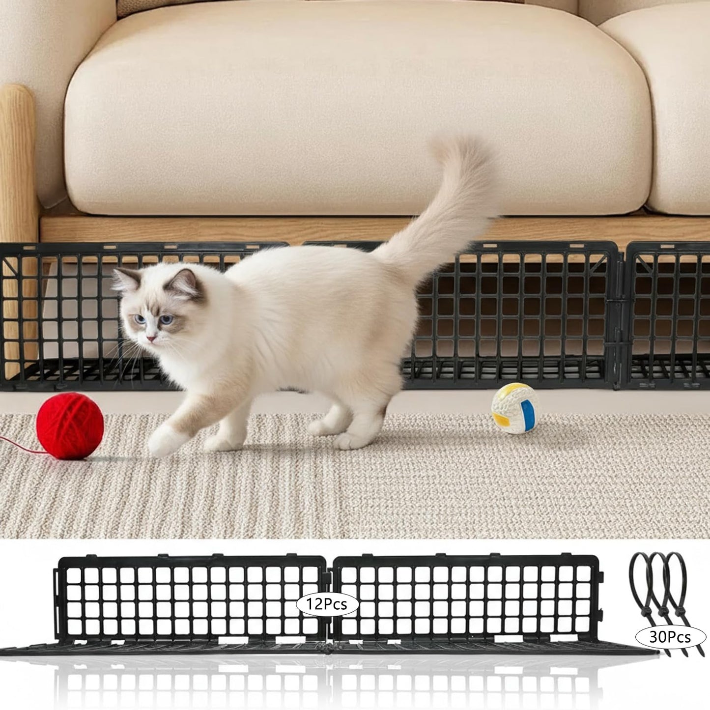 Wonninek 12Pcs Under Couch Blocker, 14.5" L x 7.8" H Adjustable Under Sofa Plastic Barrier with 30 Zip Ties, Sturdy Black Toy Blocker for Pets Underneath Stop from Getting Under the Bed