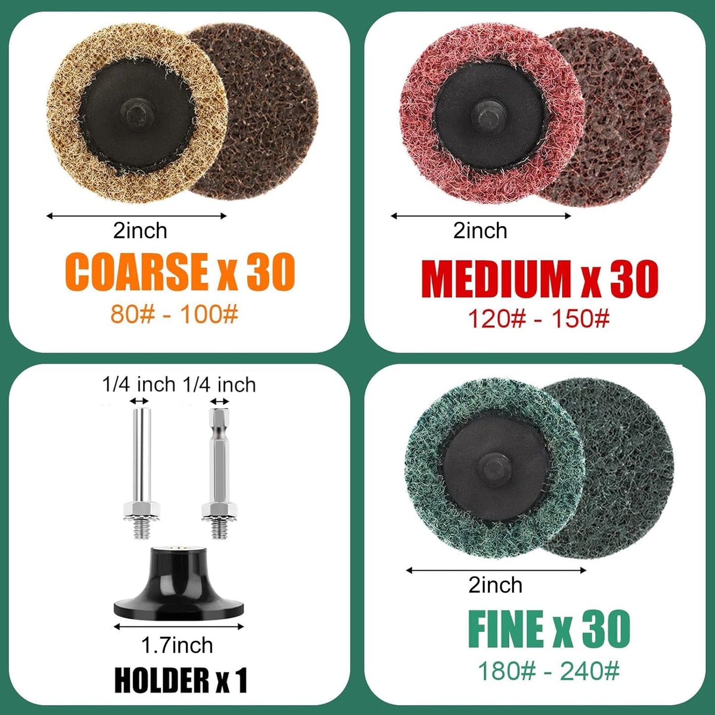 SUNJOYCO 90pcs 2 inch Quick Change Sanding Discs, Nylon Surface Conditioning Discs, 1/4" Roll Lock Holder Die Grinder Sanding Disc for Surface Strip Grind Polish Burr Finish-Fine Medium Coarse