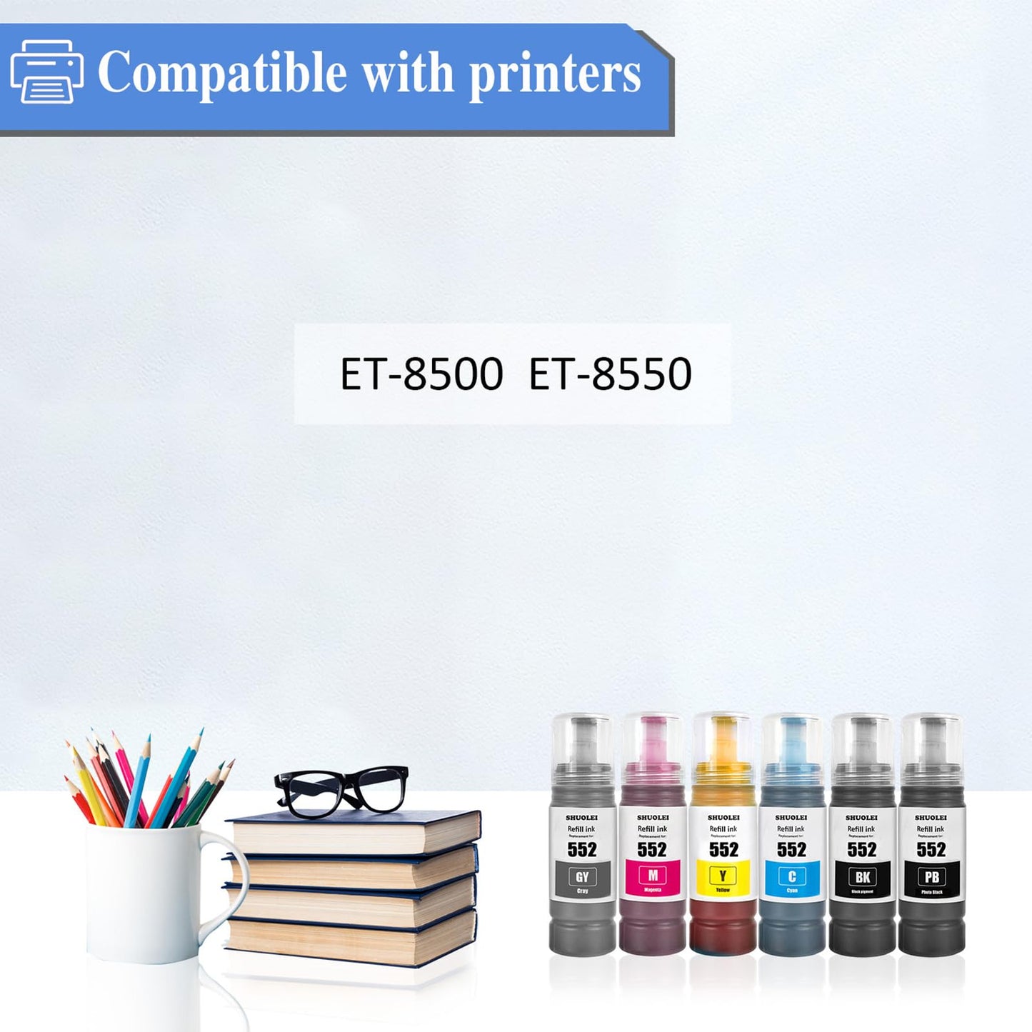 SHUOLEI T552 552 Ink Refill Bottles Compatible with EcoTank ET-8500 ET-8550 Printers (6 Packs, BK/PBK/C/M/Y/GR 70ml)