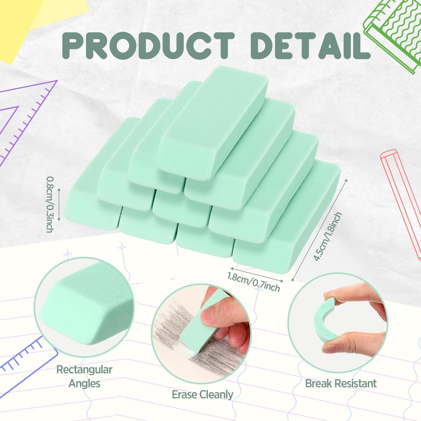 wearage 72 Count Green Pencil Erasers Rectangular Rubber Eraser Bulk for Bag Supplies Gift Teacher Student