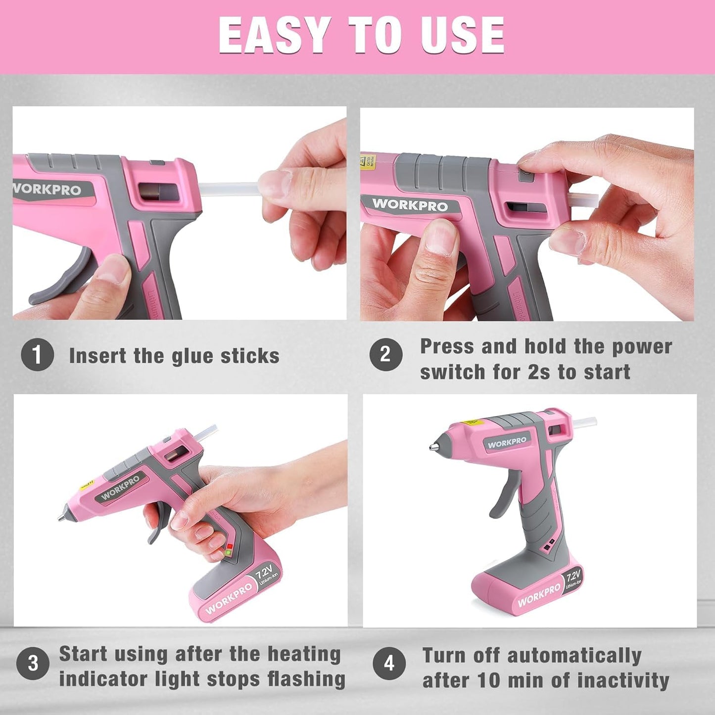 WORKPRO Pink Cordless Hot Melt Glue Gun, 7.2V Rechargeable Fast Preheating Glue Gun Kit with 20 Pcs Premium Mini Glue Stick, Use While Charging, Automatic-Power-Off Glue Gun for Art, Craft, Decoration