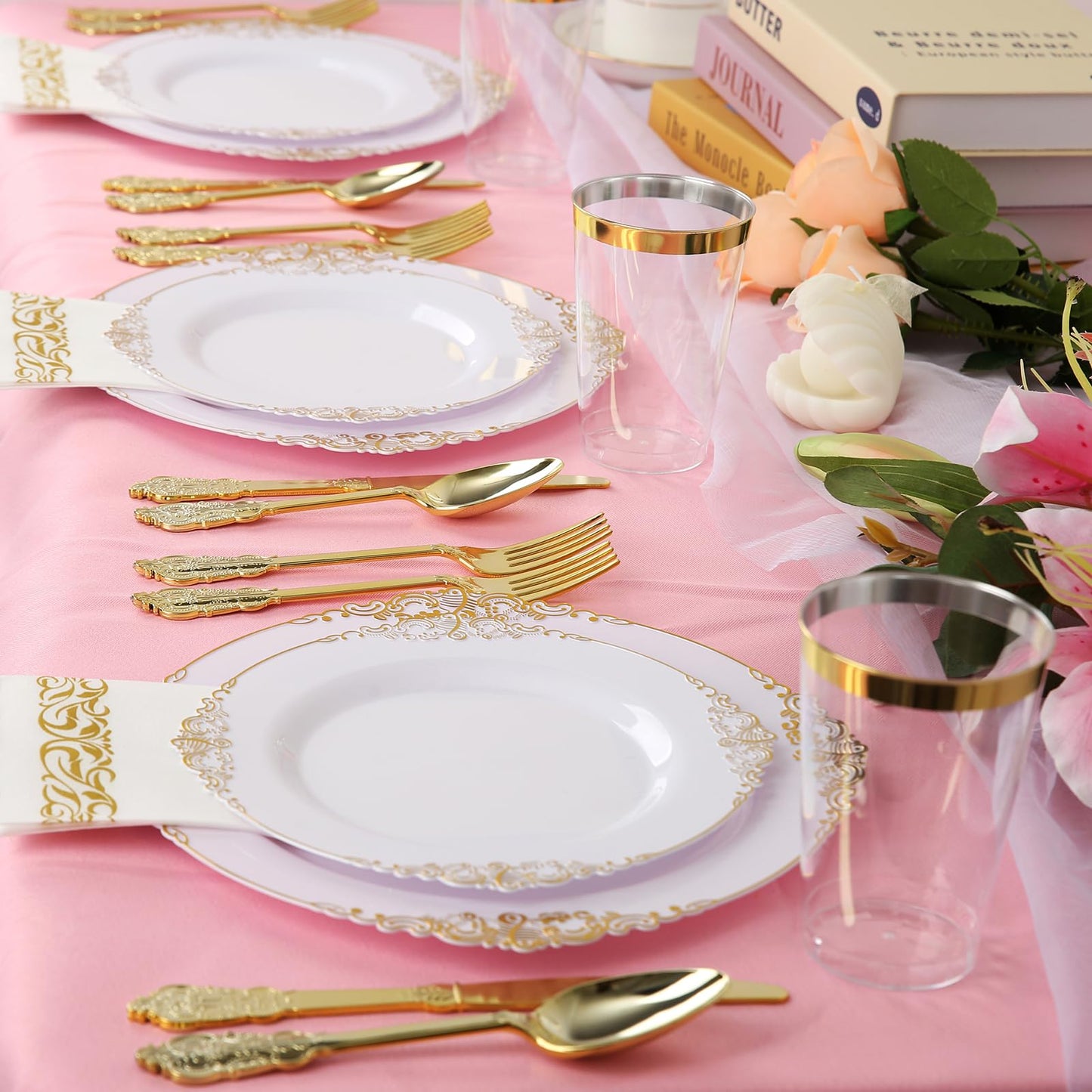 175PCS Gold Plastic Dinnerware White and Gold Plastic Plates for Party Include 25 Dinner Plates, 25 Dessert Plates, 25 Forks, 25 Spoons, 25 Knives, 25 Cups 25 Linen Napkins for Wedding, Birthday