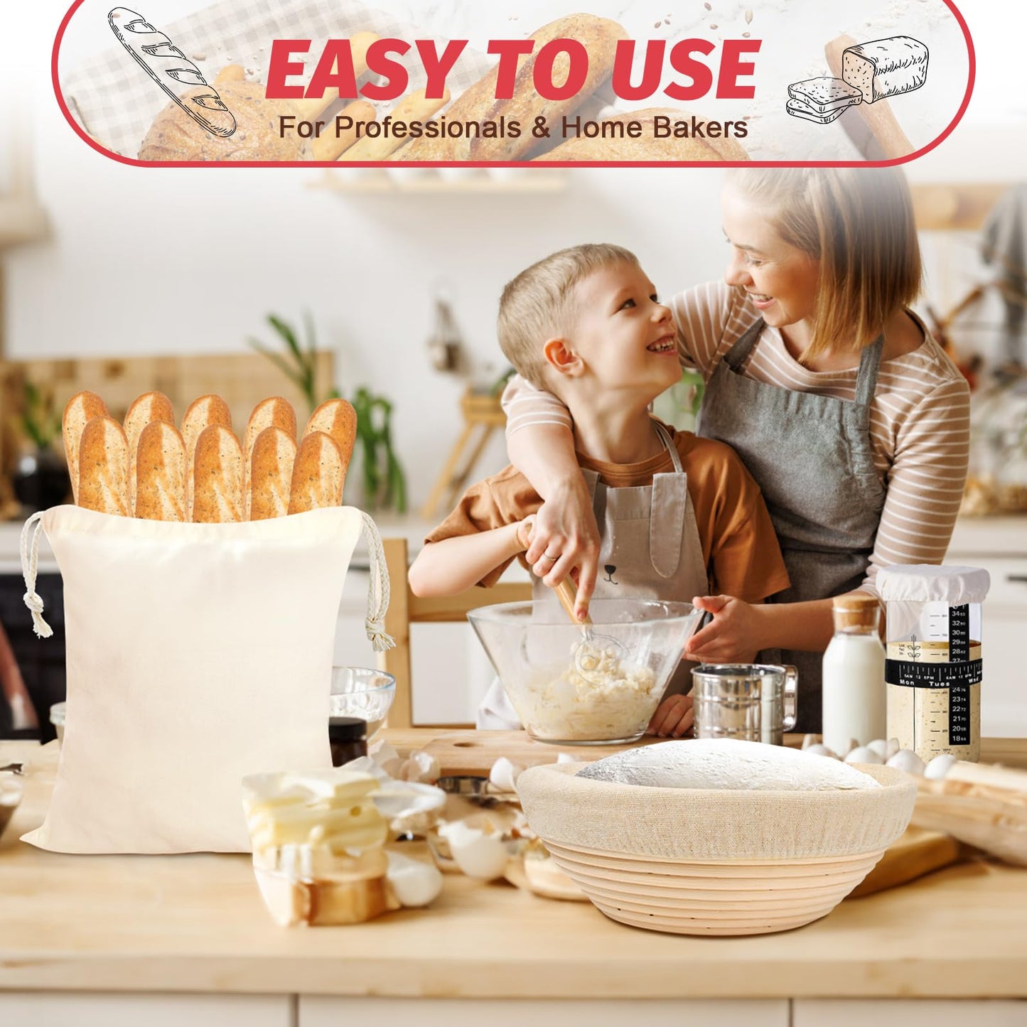 EWFEN Sourdough Starter Kit with Round & Oval Banneton, Complete Sourdough Bread Baking Supplies, Bread Proofing Basket with Starter Jar, Bread Making Tools Kit for Beginners & Bakers
