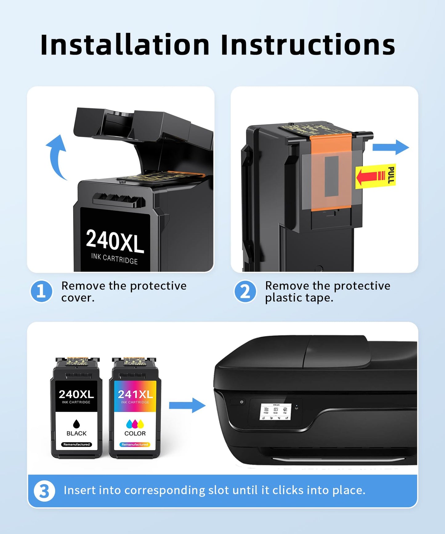 PG-240XL/CL-241XL Ink Cartridges Replacement for Canon 240XL 241XL Combo Pack Printer Ink 240 241 Work with PIXMA MG3620 MG3600 TS5120 MG3220 MG3520 MG2120 MX472 MX452 (1 Black, 1 Tri-Color)