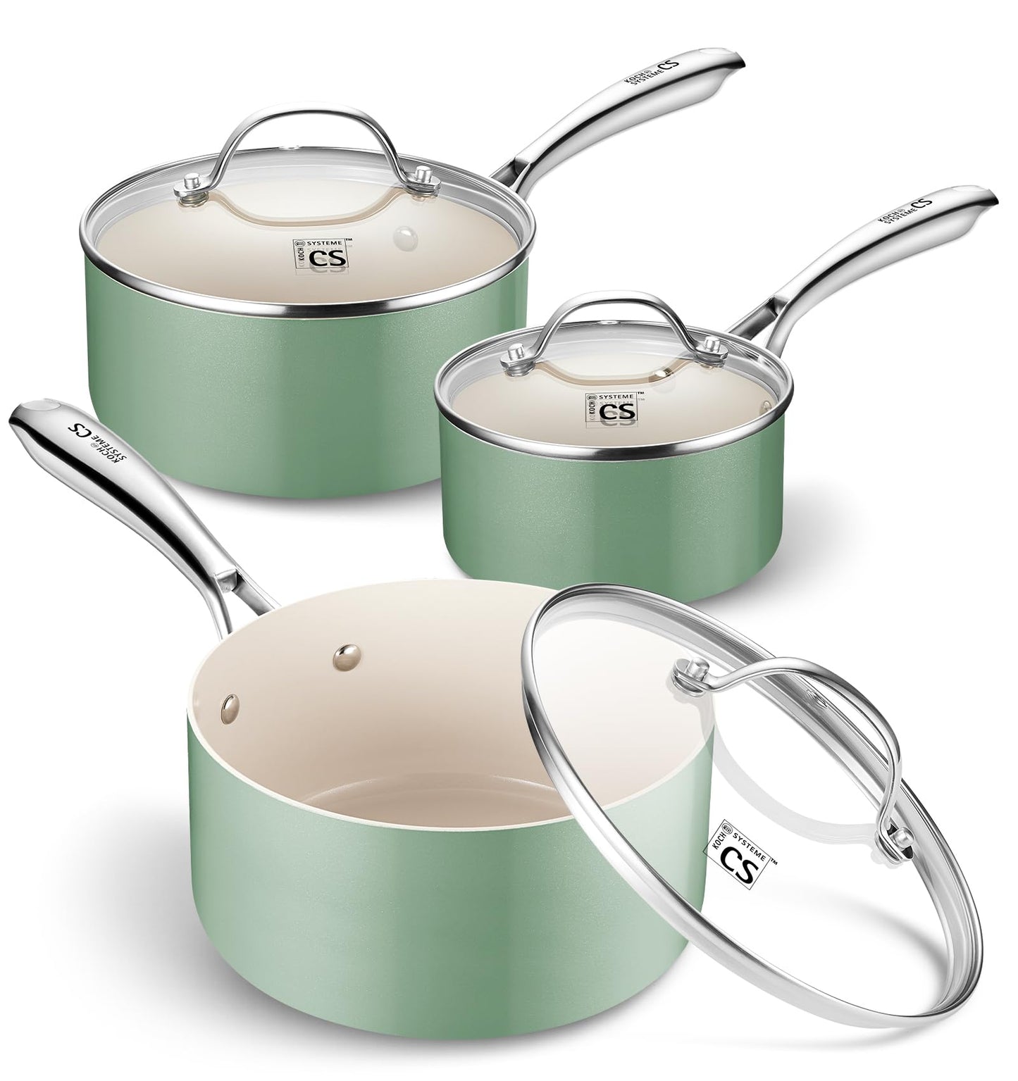 KOCH SYSTEME CS 1+2+3 Quart Nonstick Saucepan with Lid, Pot Set with Ceramic Coating, Sauce Pot, Kitchen Cooking Pot, Induction Compatible, Oven & Dishwasher Safe, Non Toxic, Green