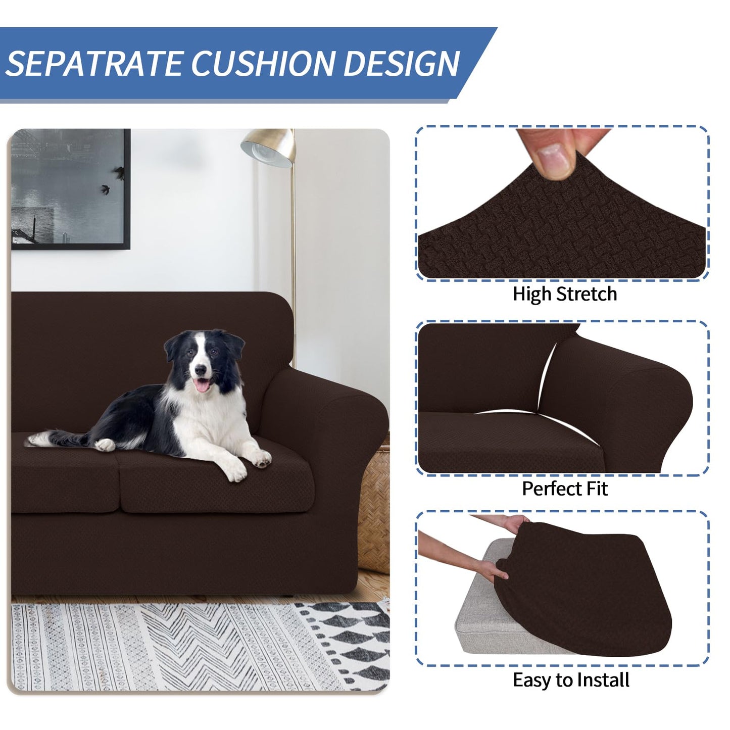 JIVINER 3 Pieces Couch Covers for 2 Cushion Couch Stretch Sofa Slipcover with 2 Extra Large Seat Cushion Covers Thick Fitted Loveseat Sofa Covers for Living Room (XL Loveseat, Dark Coffee)
