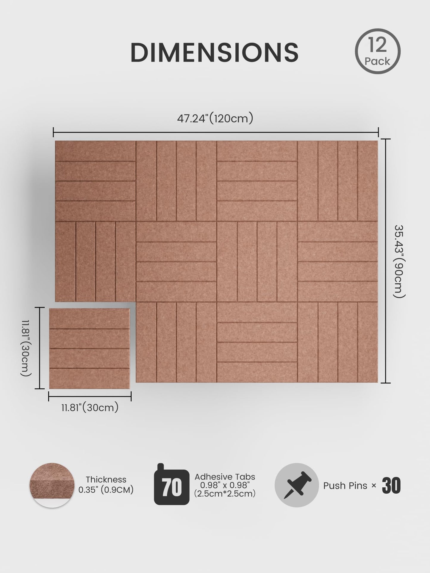 Bumusty Large Felt Bulletin Board, Cork Board Alternative, 12-Pack Bold Stripe Felt Wall Tiles with 30 Push Pins and 70 Adhesive Tabs, Ideal for Office, Home & Classroom, Terracotta