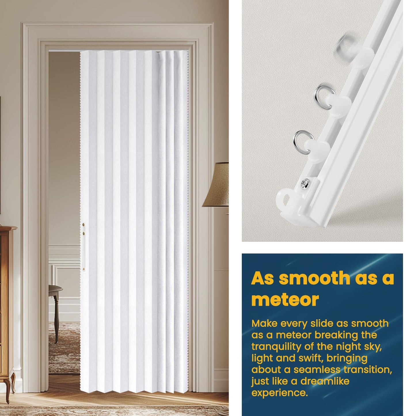 AJAZZ 100% Blackout Magnetic Door Curtain Patio Door Curtain Invisible Folding Door for Bedroom Living Room Accordion Doorway Curtain Sets Included Tracks (1Panel, 43W x 79 L, White)