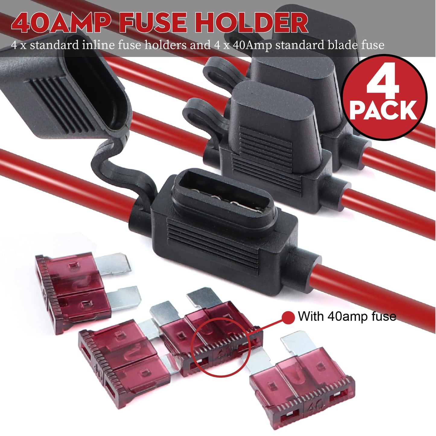 Taigoehua 100FT 10 Gauge Wire (50ft Each- Black/Red) 4 * 40A Fuse Holder/20*Lugs/-Copper Clad Aluminum CAA-Primary Automotive Wire,Car Amplifier Power & Ground Cable